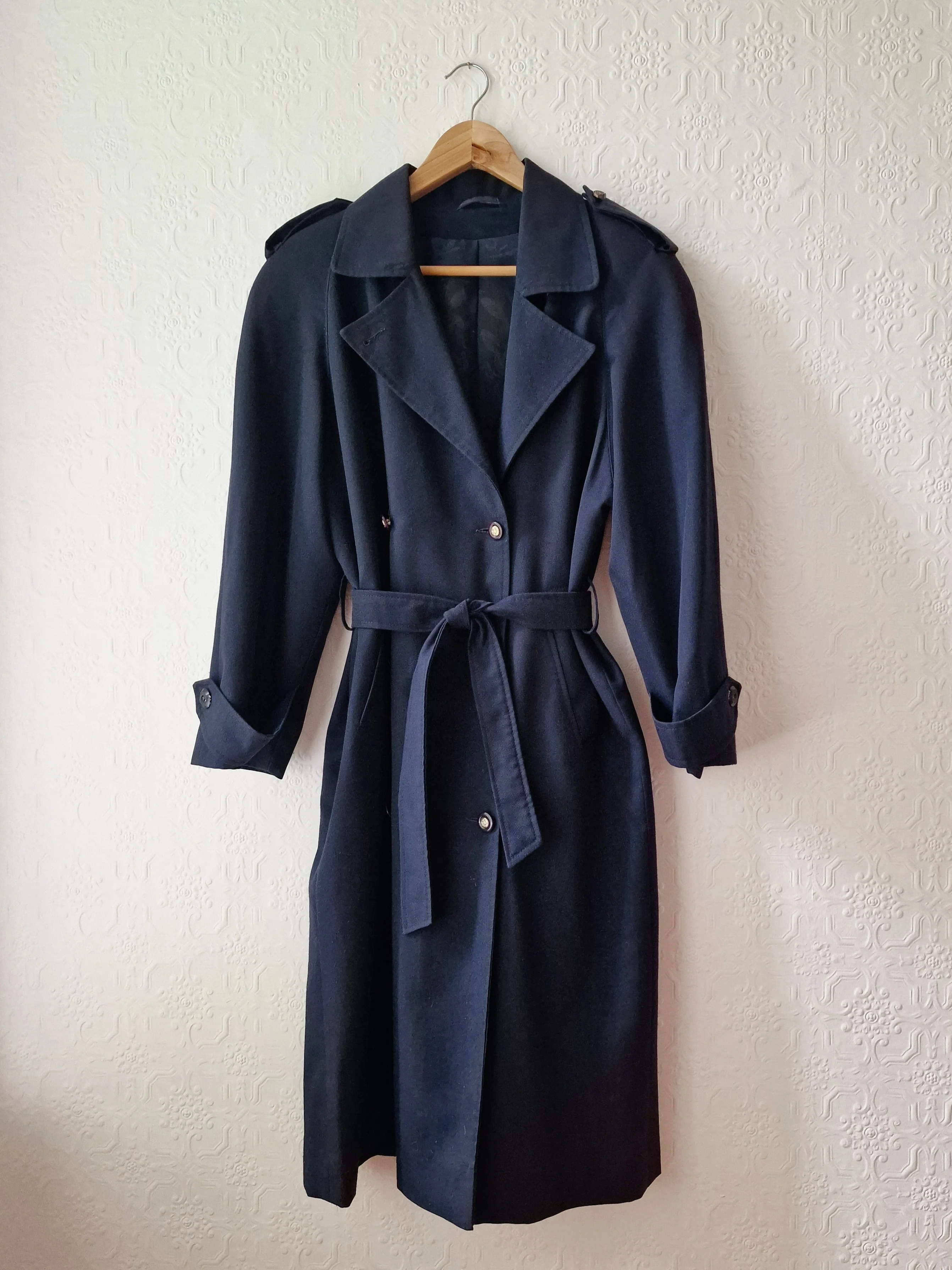 Vintage Dark Navy Blue Double Breasted Trench Coat with Belt - L - Image 10