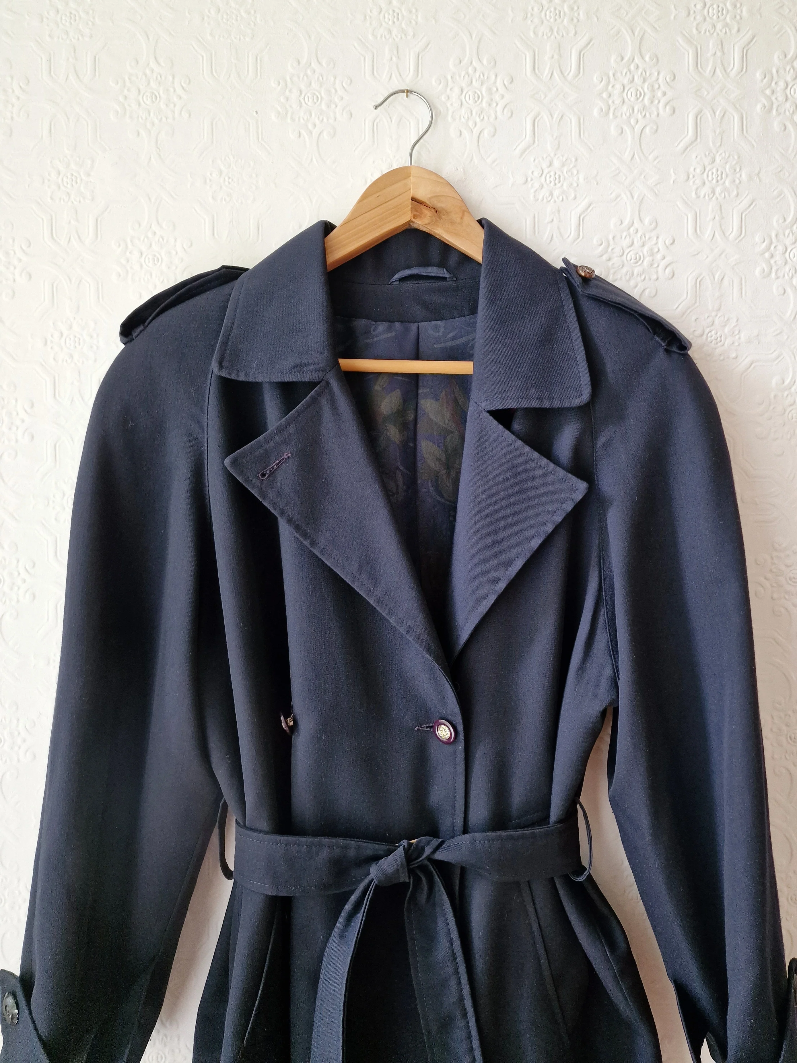 Vintage Dark Navy Blue Double Breasted Trench Coat with Belt - L - Image 11