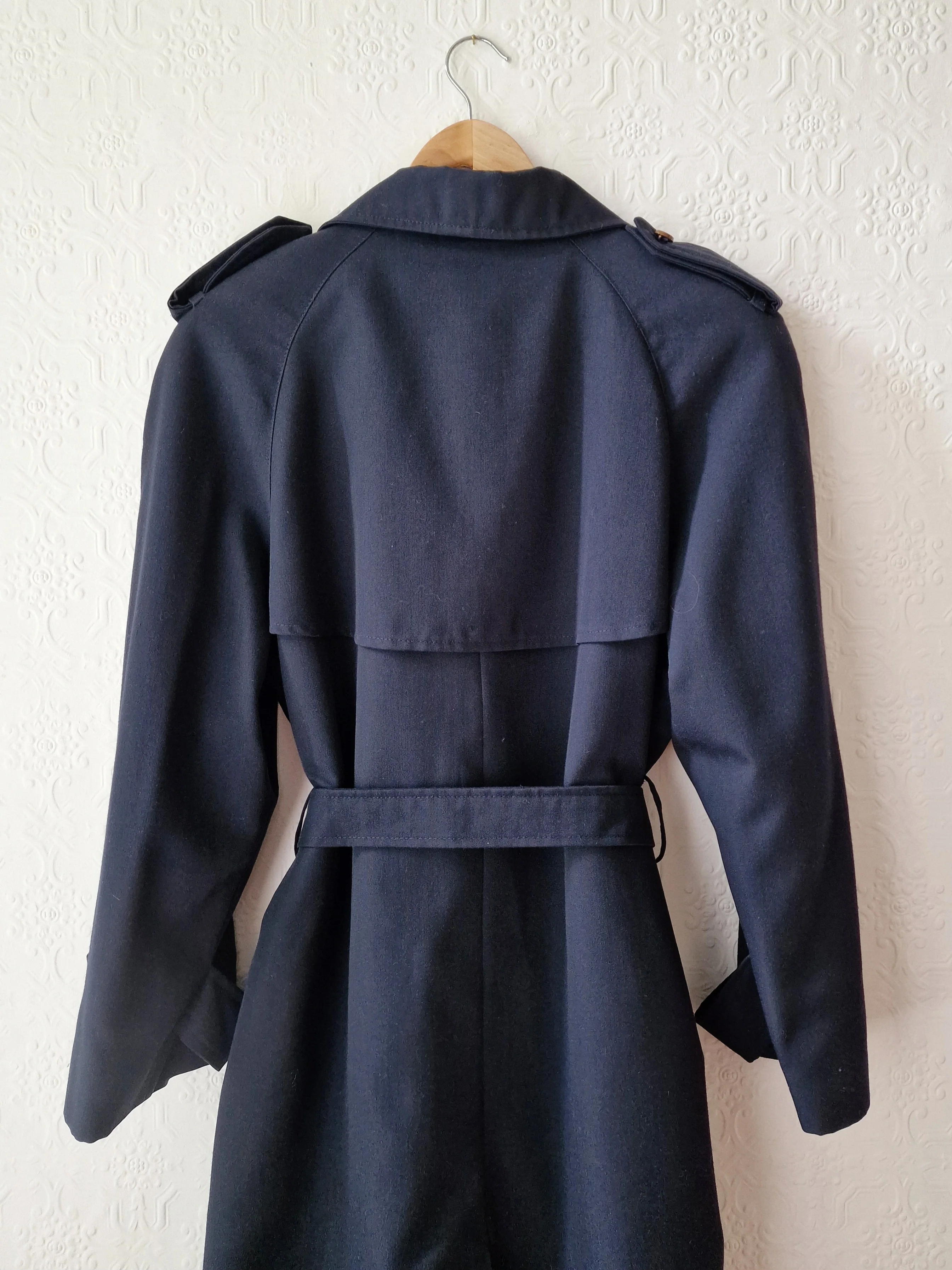Vintage Dark Navy Blue Double Breasted Trench Coat with Belt - L - Image 13