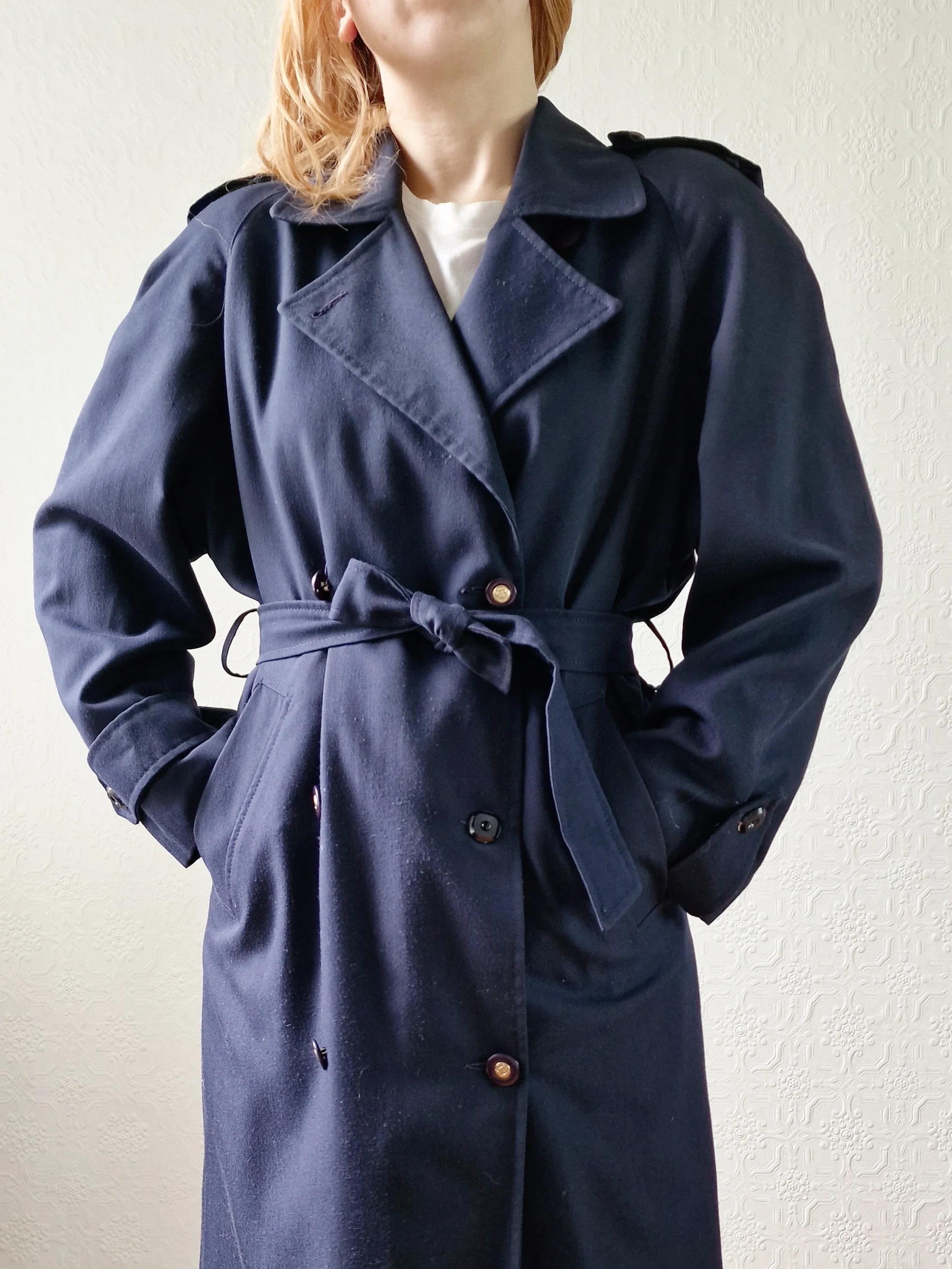 Vintage Dark Navy Blue Double Breasted Trench Coat with Belt - L - Image 2