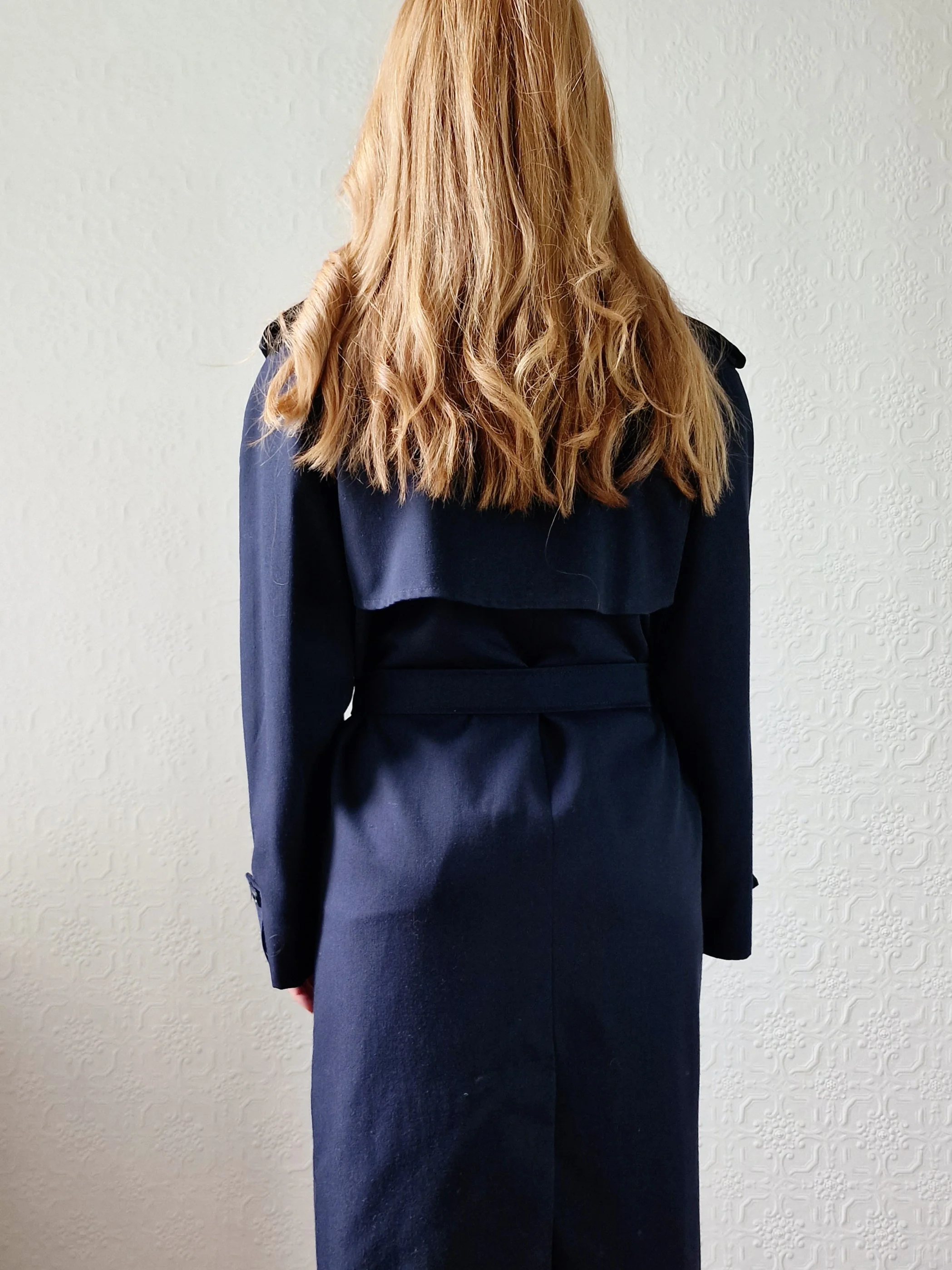 Vintage Dark Navy Blue Double Breasted Trench Coat with Belt - L - Image 3