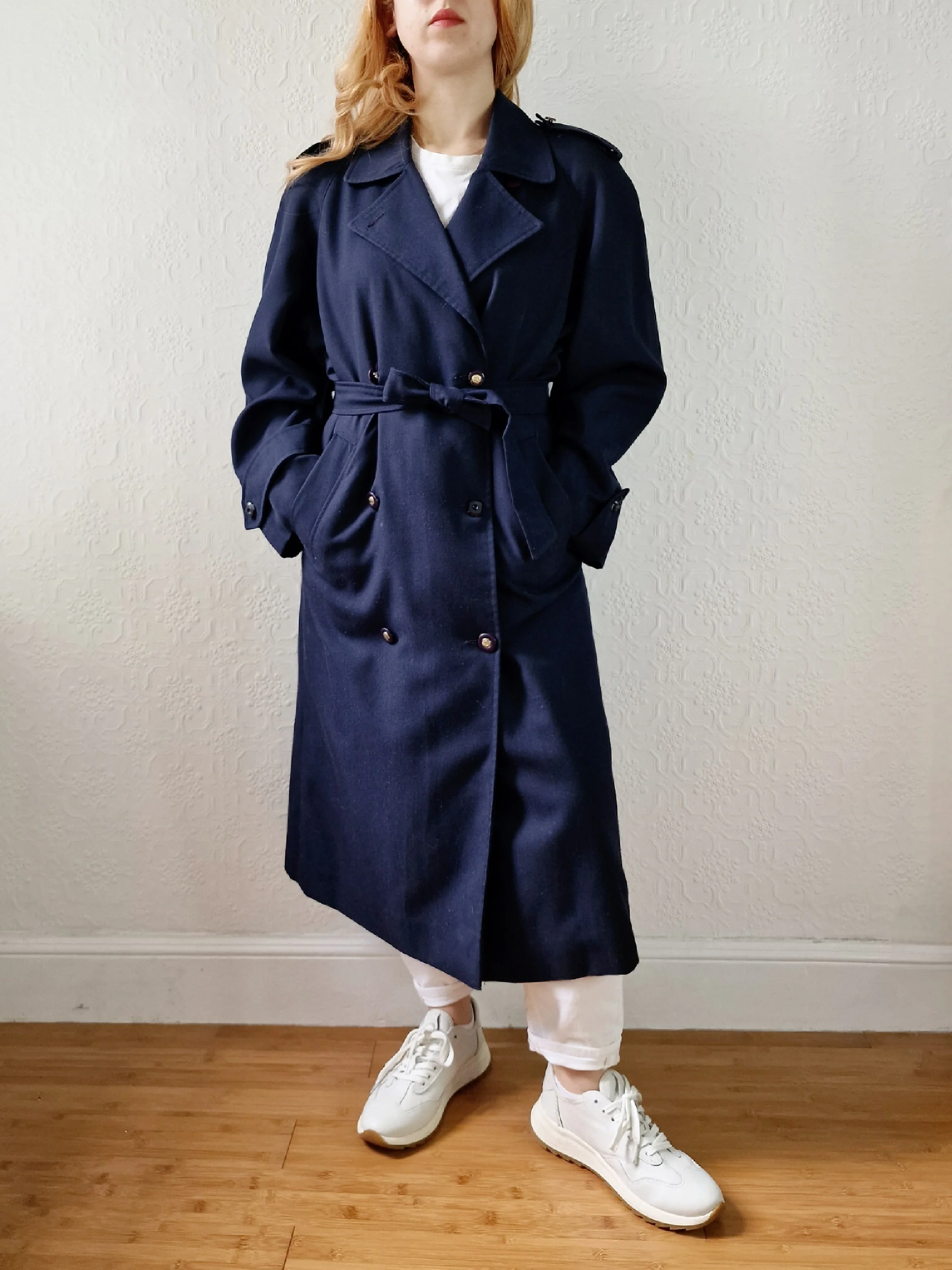 Vintage Dark Navy Blue Double Breasted Trench Coat with Belt - L - Image 4