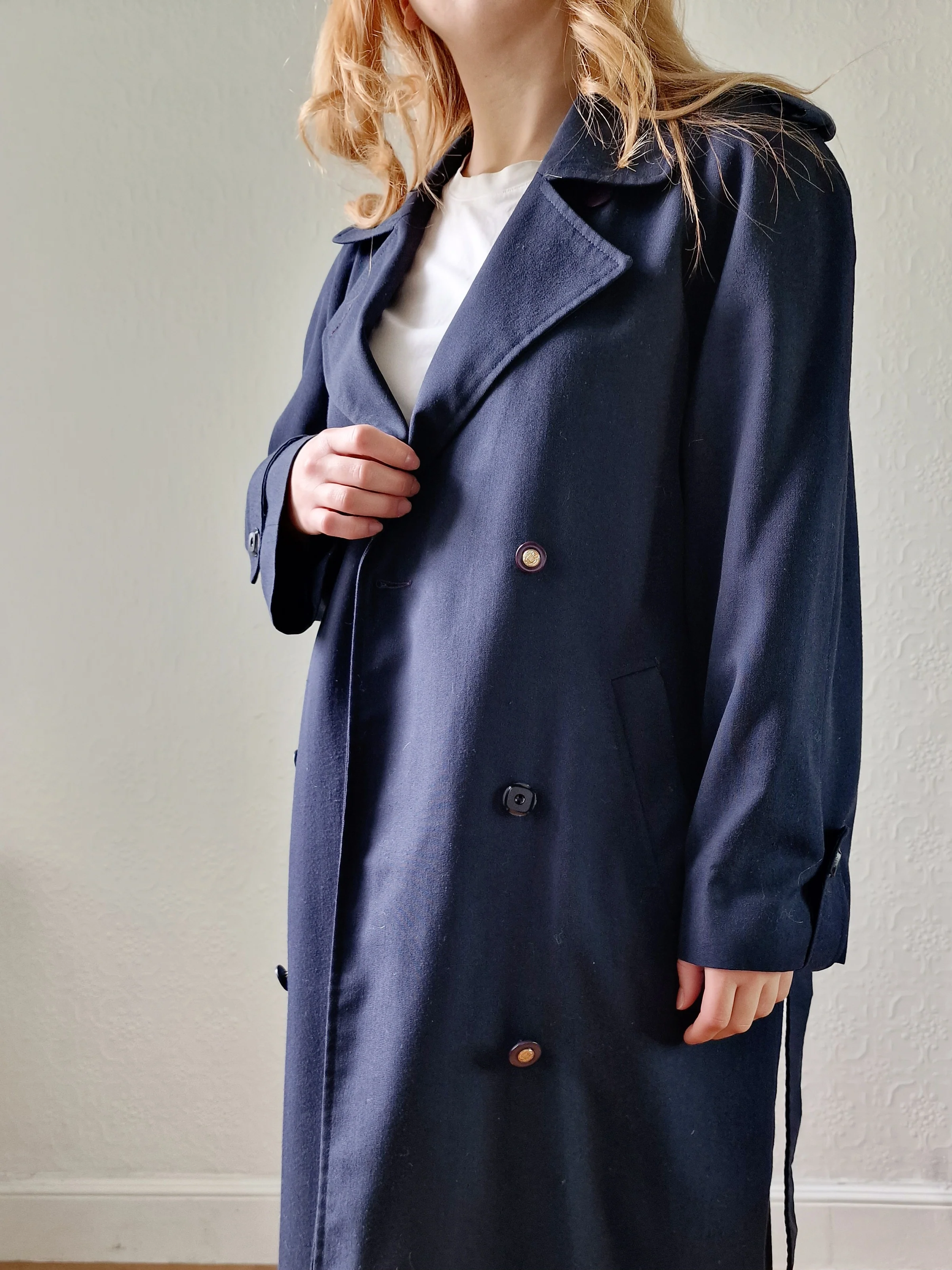Vintage Dark Navy Blue Double Breasted Trench Coat with Belt - L - Image 5