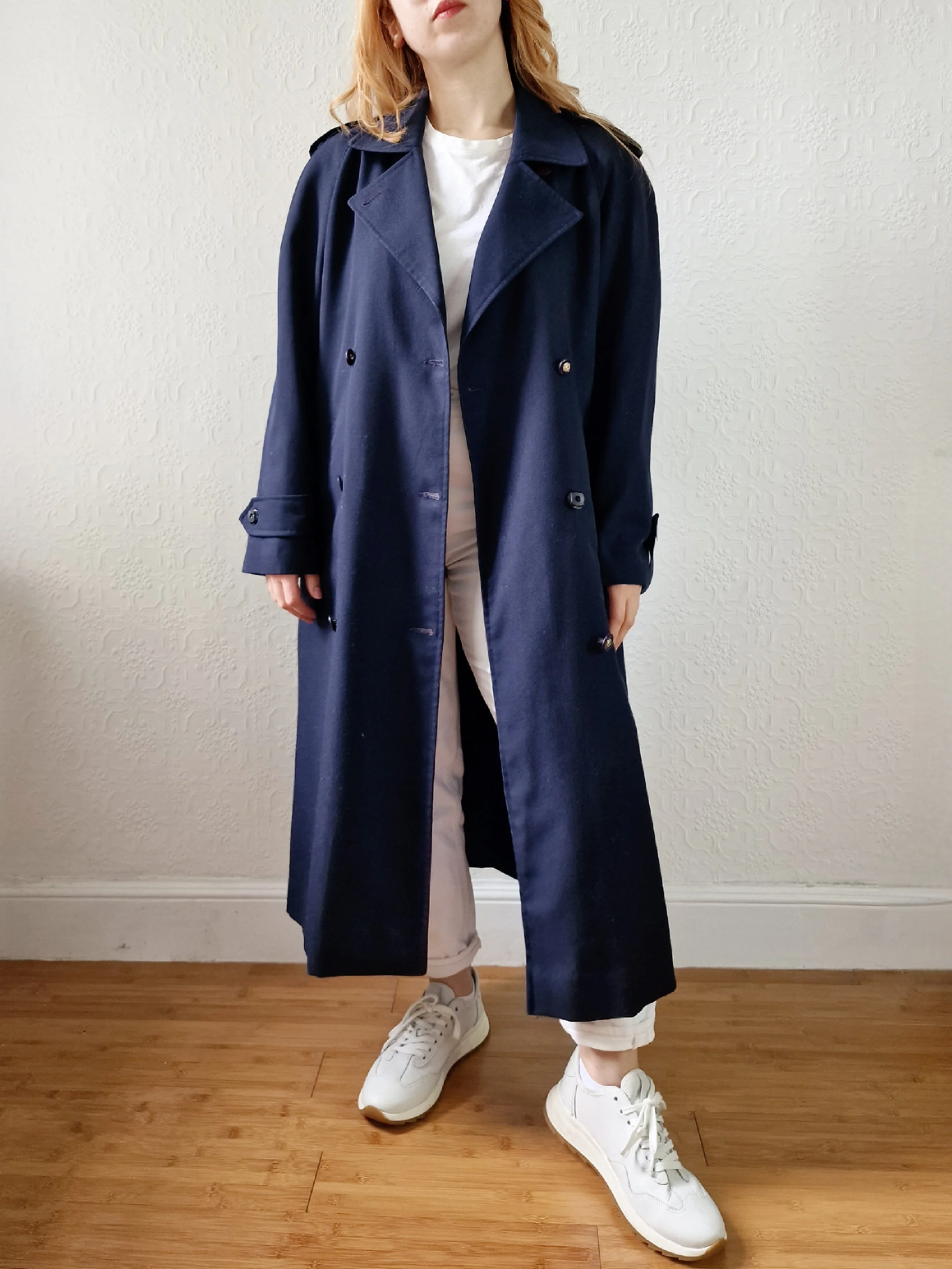 Vintage Dark Navy Blue Double Breasted Trench Coat with Belt - L - Image 6