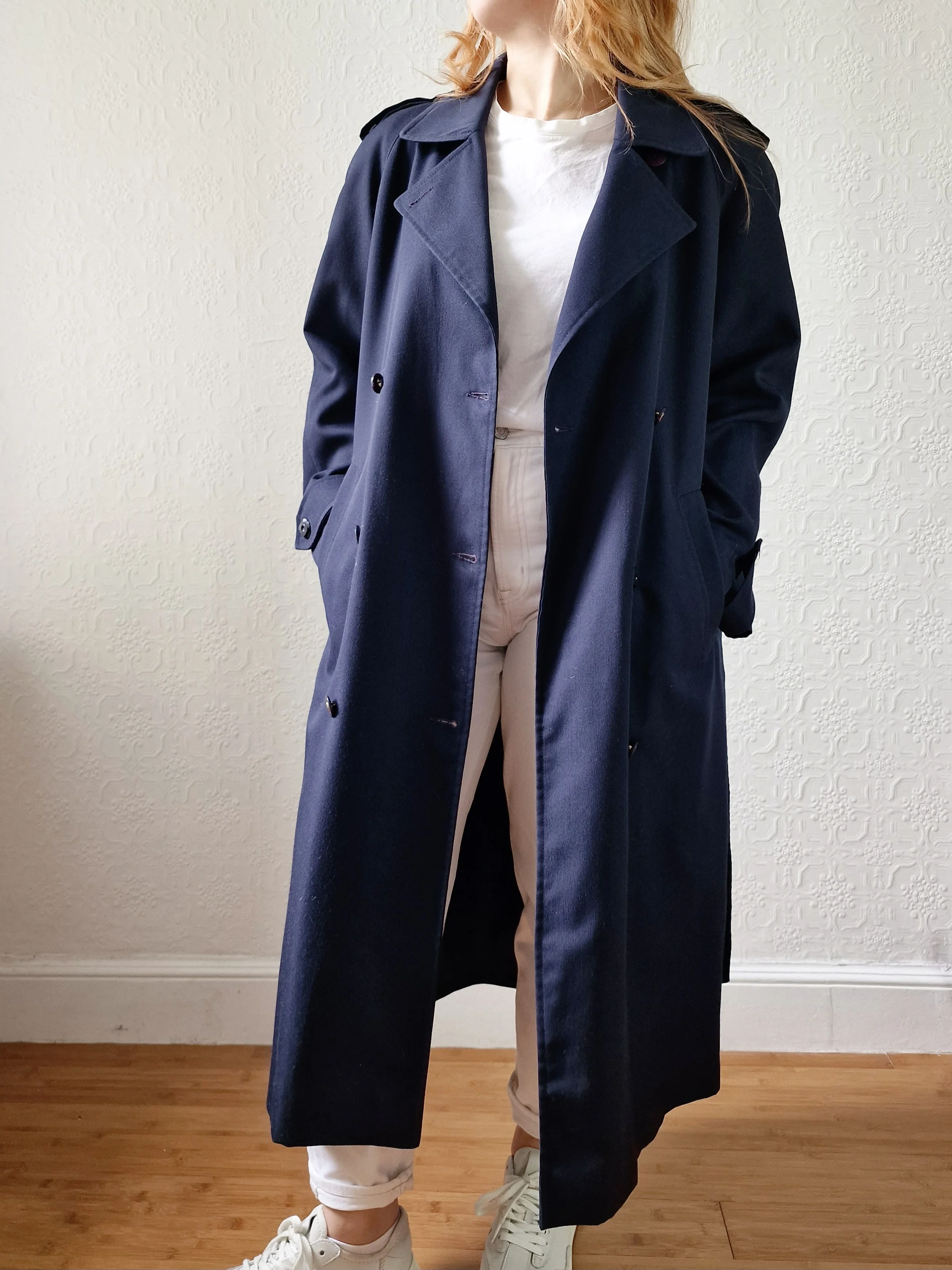 Vintage Dark Navy Blue Double Breasted Trench Coat with Belt - L - Image 7