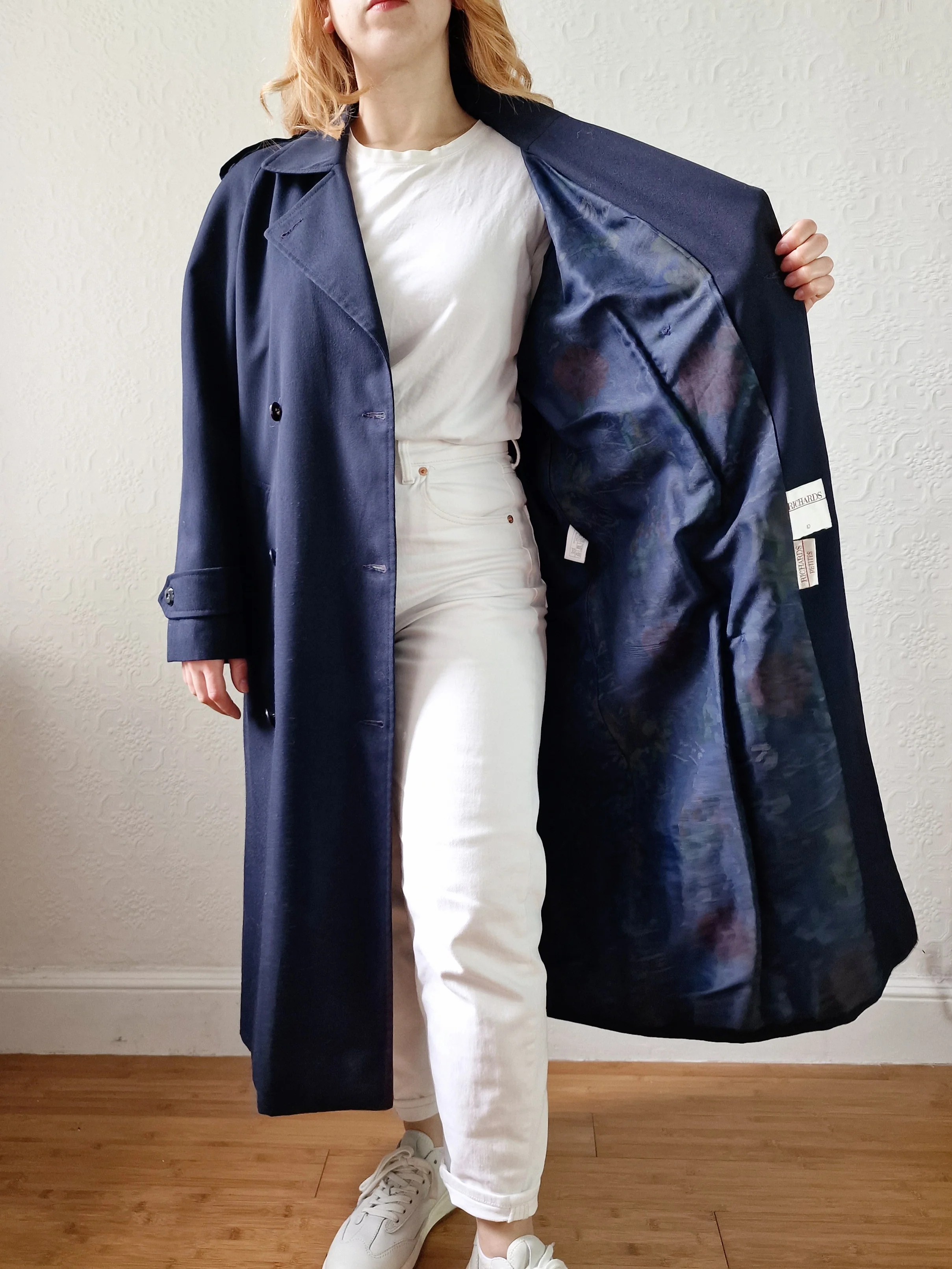 Vintage Dark Navy Blue Double Breasted Trench Coat with Belt - L - Image 9