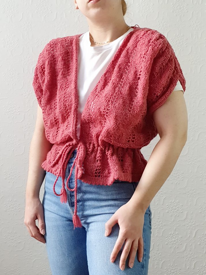Vintage Dark Pink Handknitted Wool Cardigan with Drawstring - S/M/L