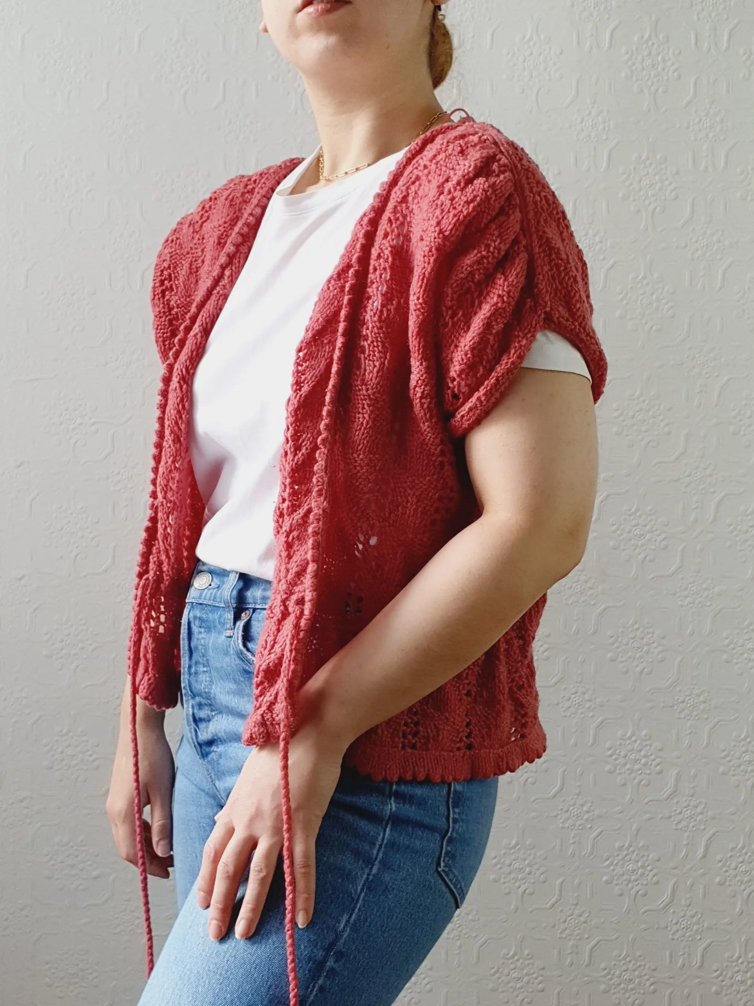 Vintage Dark Pink Handknitted Wool Cardigan with Drawstring - S/M/L - Image 10