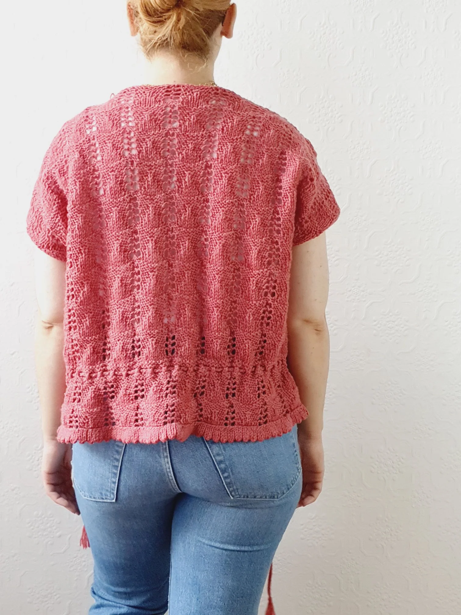 Vintage Dark Pink Handknitted Wool Cardigan with Drawstring - S/M/L - Image 11