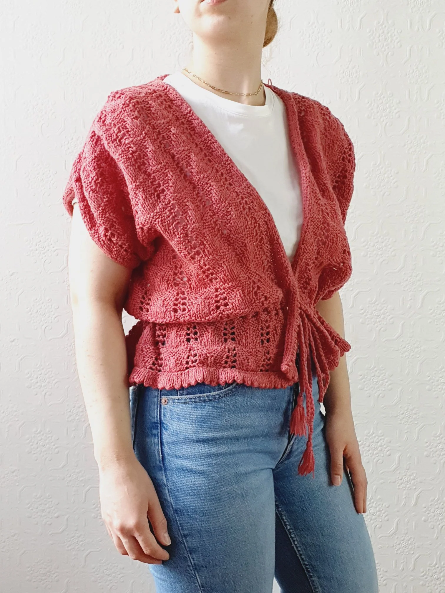Vintage Dark Pink Handknitted Wool Cardigan with Drawstring - S/M/L - Image 2