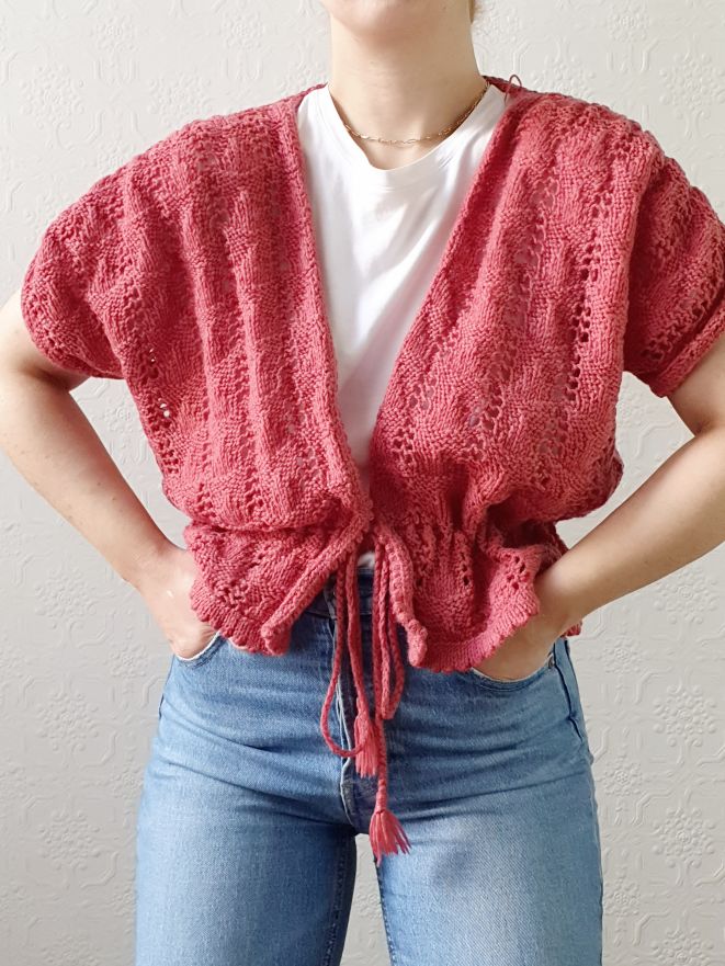 Vintage Dark Pink Handknitted Wool Cardigan with Drawstring - S/M/L - Image 3