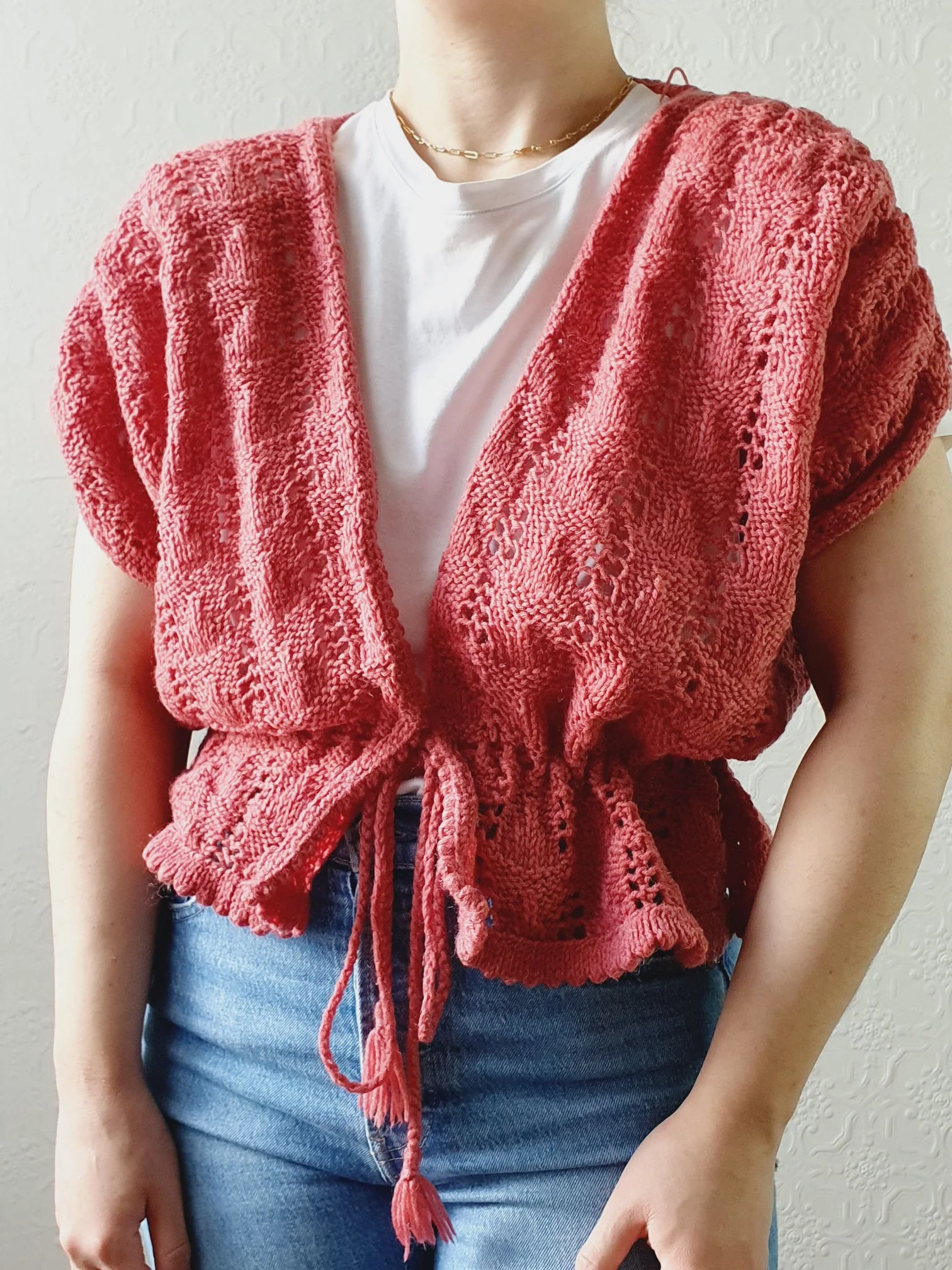 Vintage Dark Pink Handknitted Wool Cardigan with Drawstring - S/M/L - Image 4