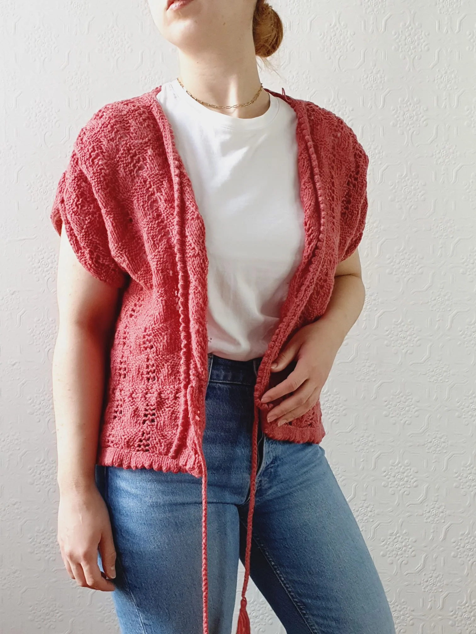 Vintage Dark Pink Handknitted Wool Cardigan with Drawstring - S/M/L - Image 6