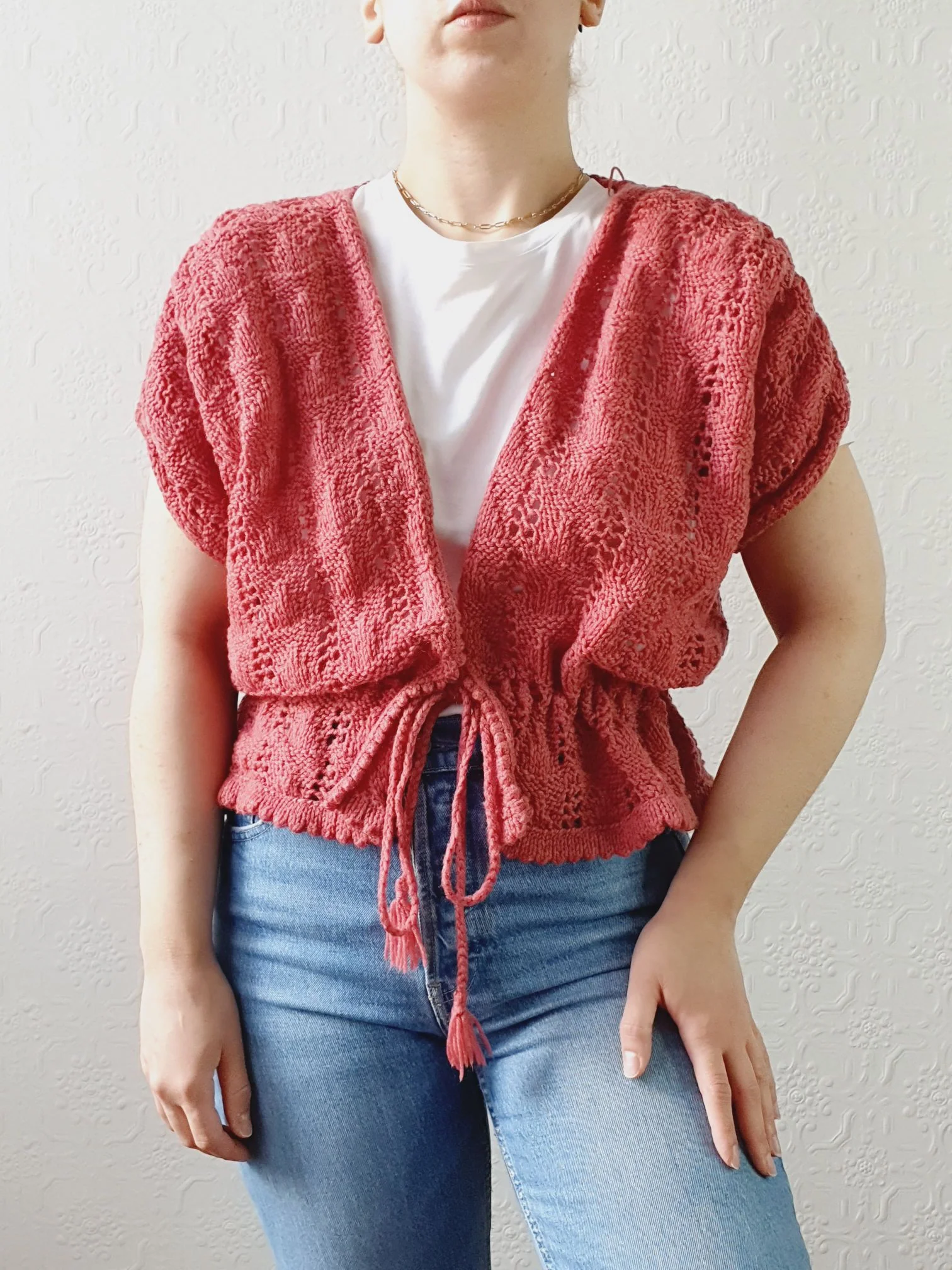 Vintage Dark Pink Handknitted Wool Cardigan with Drawstring - S/M/L - Image 7