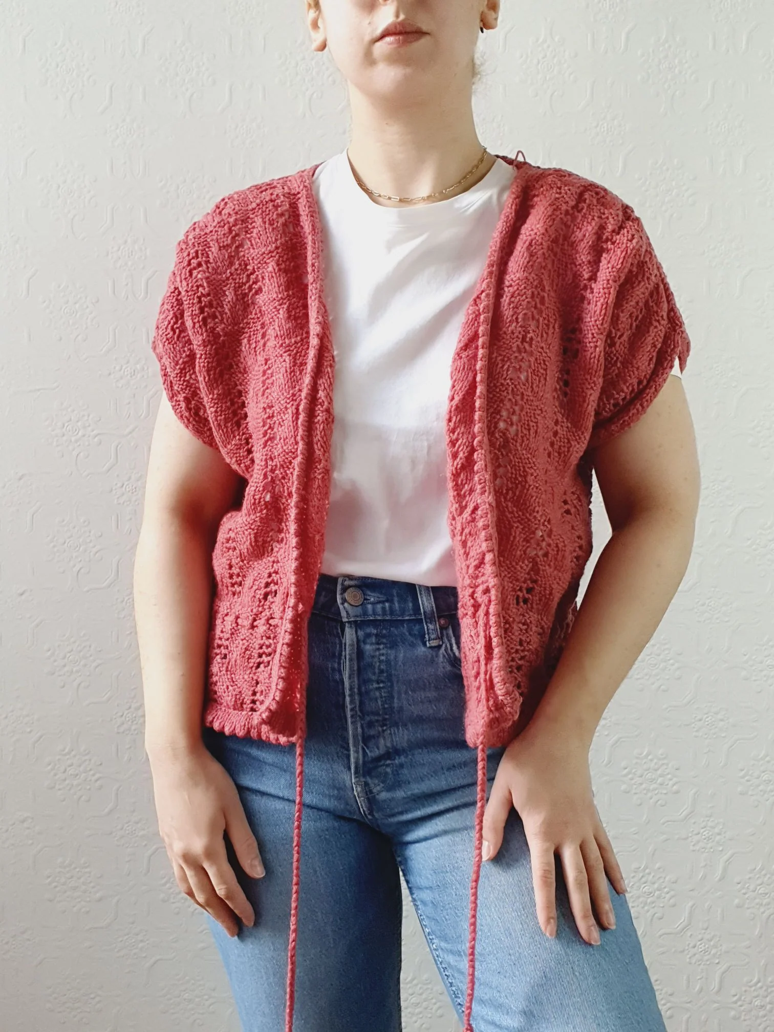 Vintage Dark Pink Handknitted Wool Cardigan with Drawstring - S/M/L - Image 8