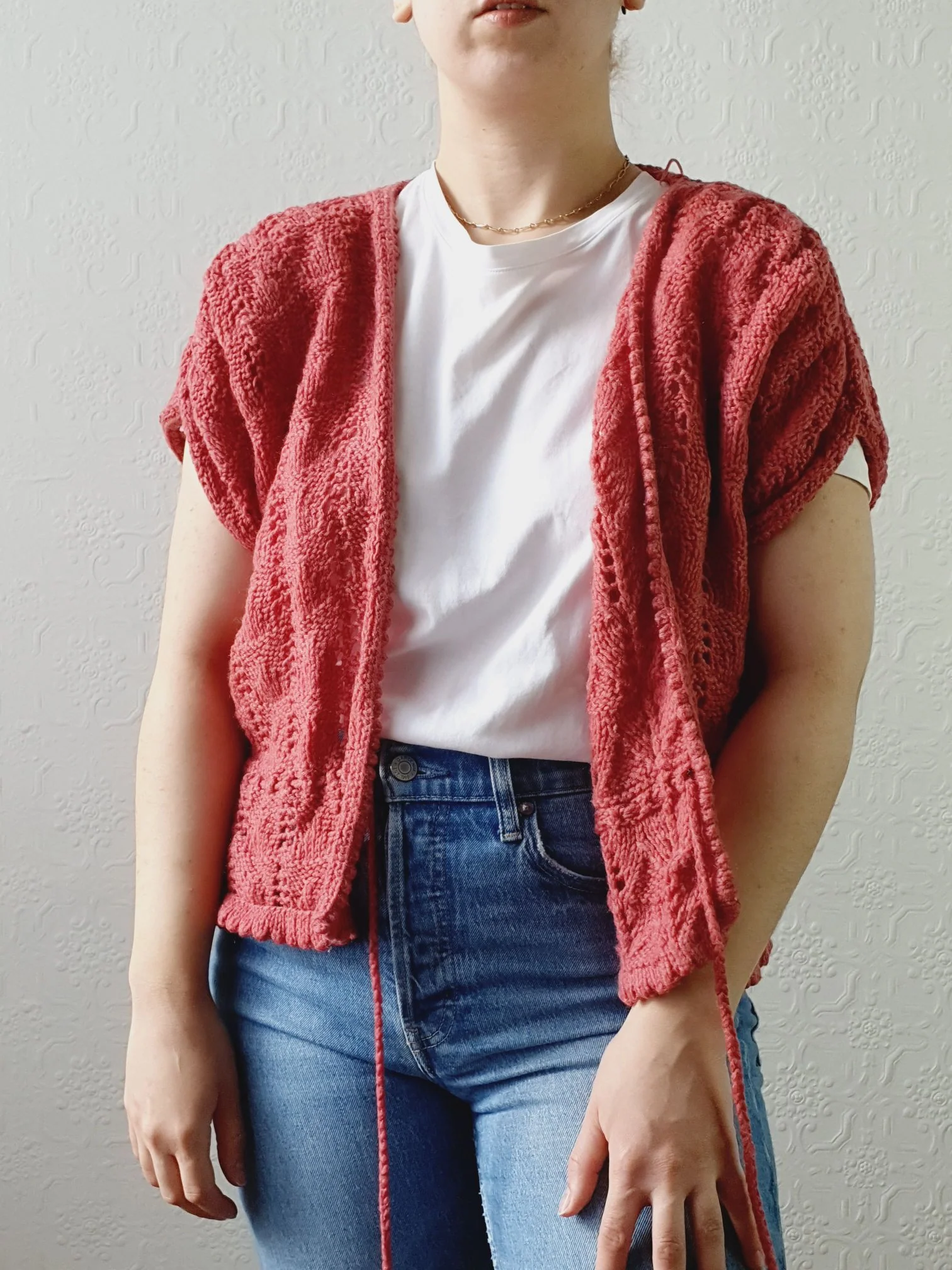 Vintage Dark Pink Handknitted Wool Cardigan with Drawstring - S/M/L - Image 9
