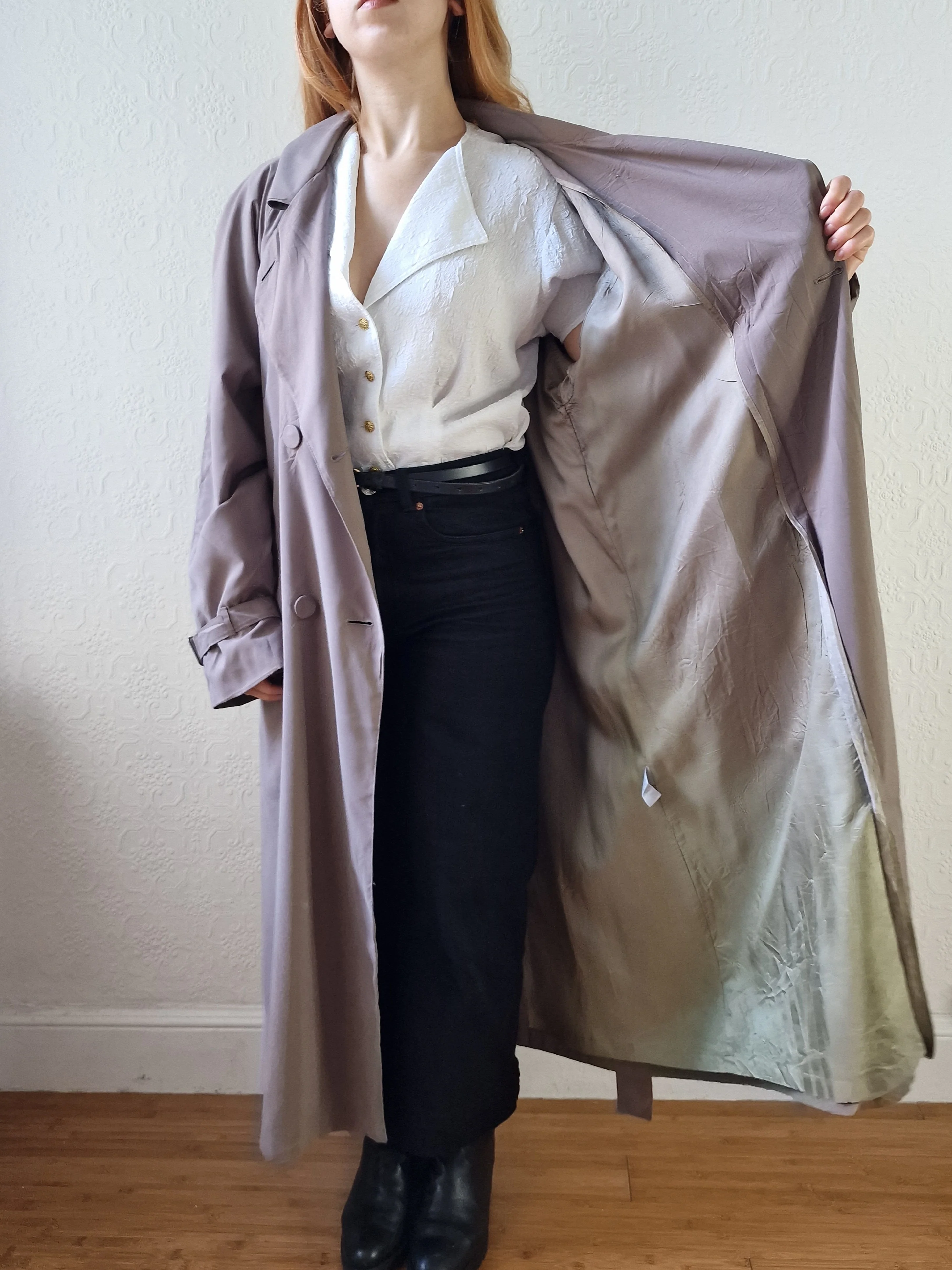 Vintage Dark Taupe Double Breasted Long Trench Coat - L - Image 11