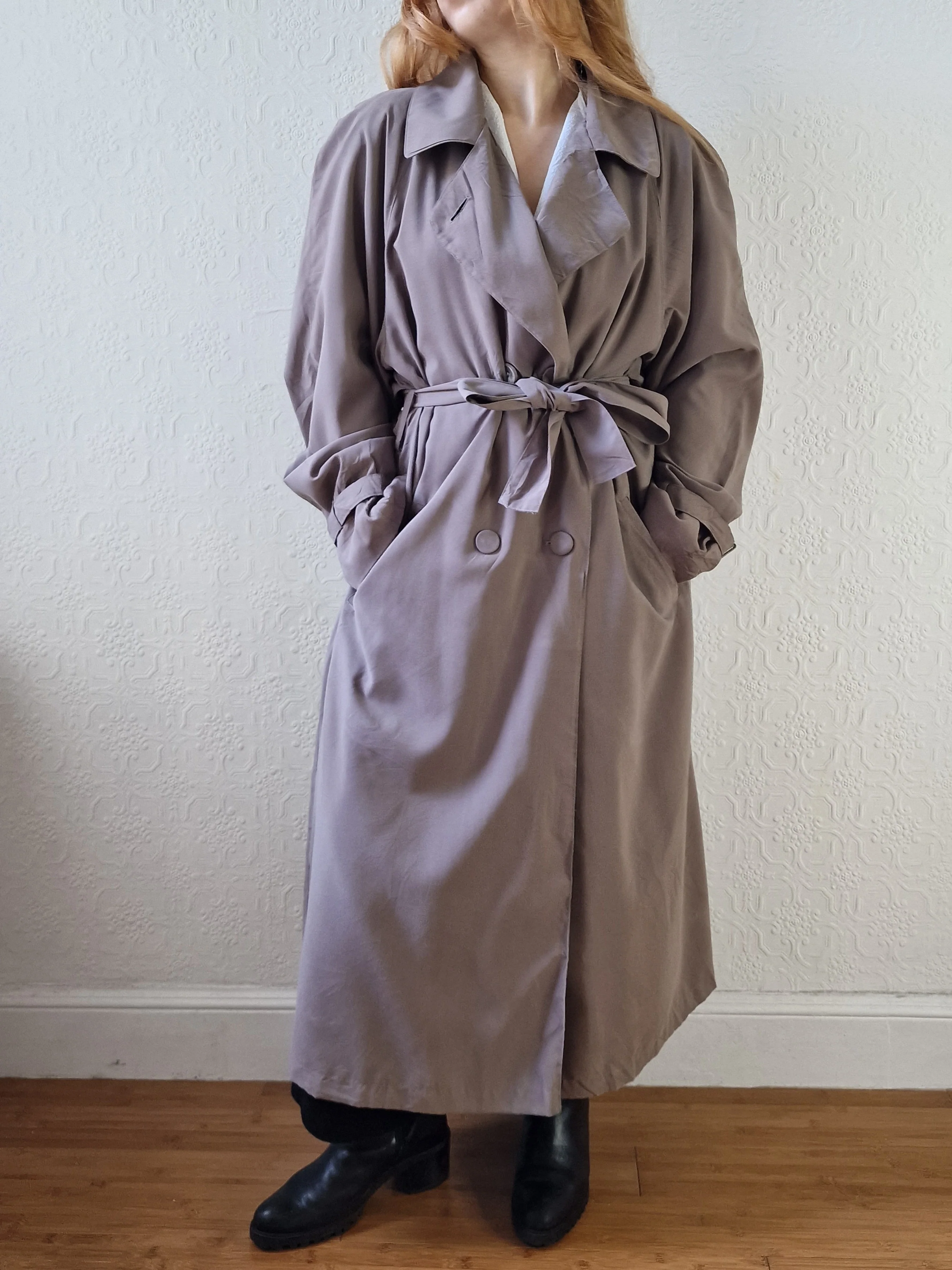 Vintage Dark Taupe Double Breasted Long Trench Coat - L - Image 12