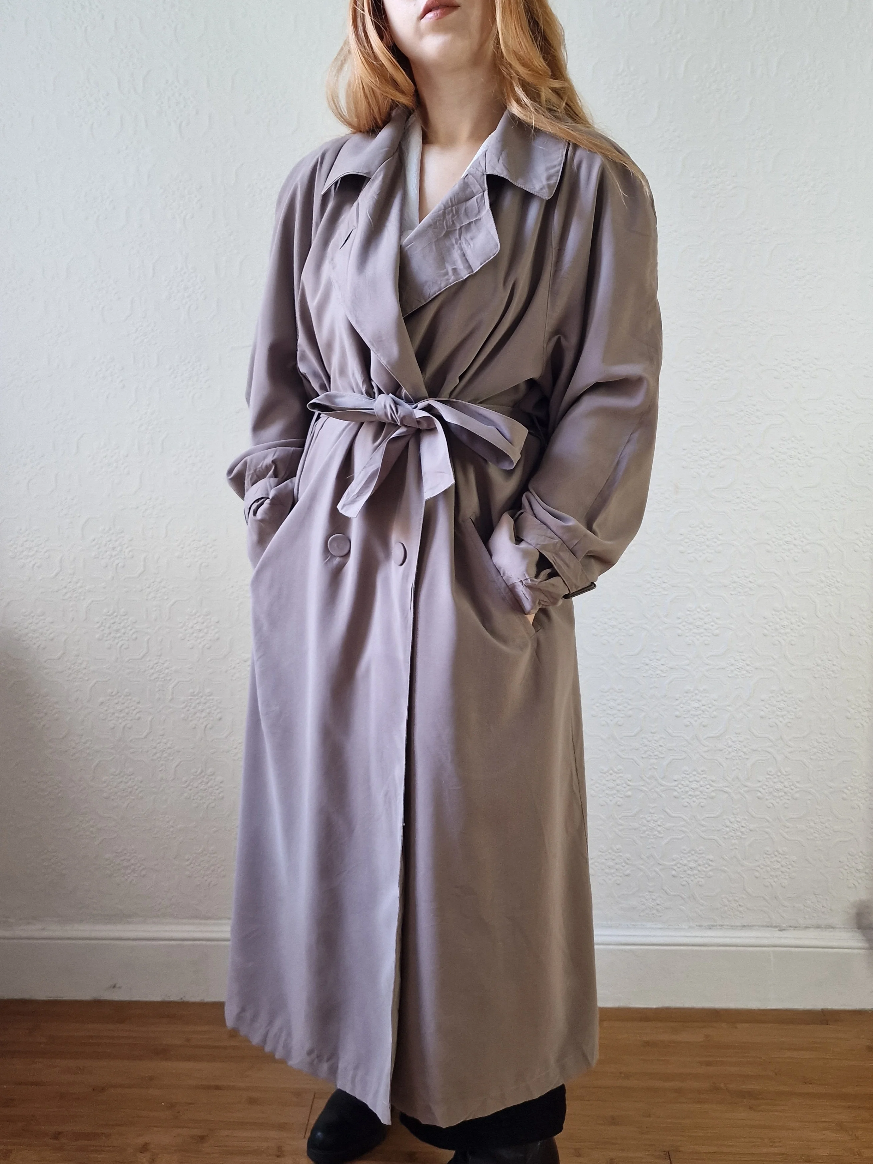 Vintage Dark Taupe Double Breasted Long Trench Coat - L - Image 13
