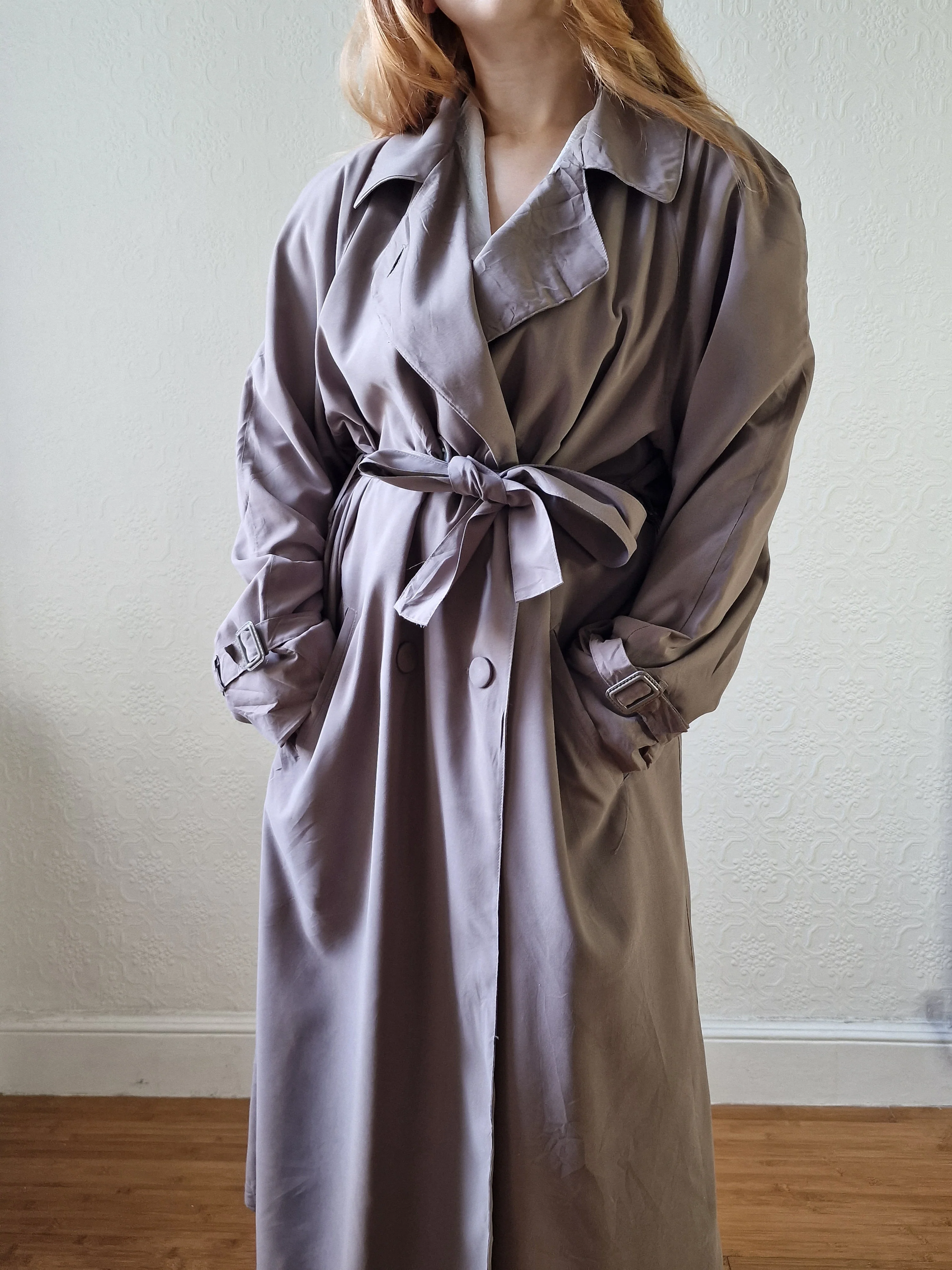 Vintage Dark Taupe Double Breasted Long Trench Coat - L - Image 14