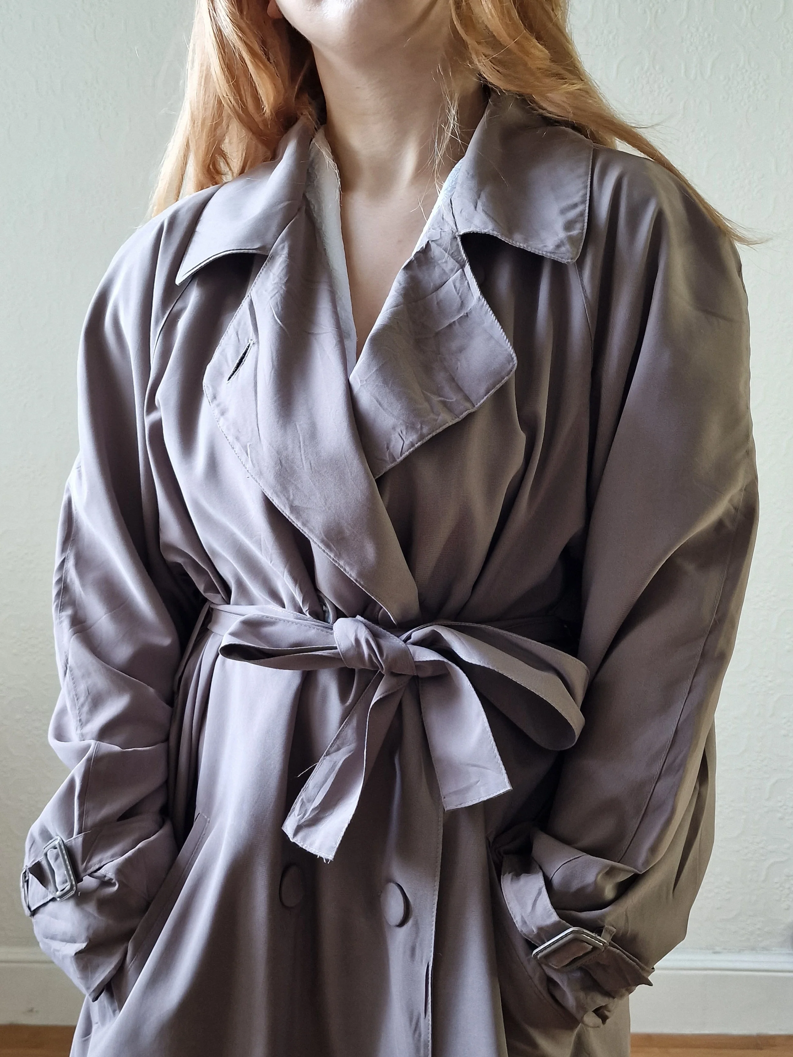 Vintage Dark Taupe Double Breasted Long Trench Coat - L - Image 15