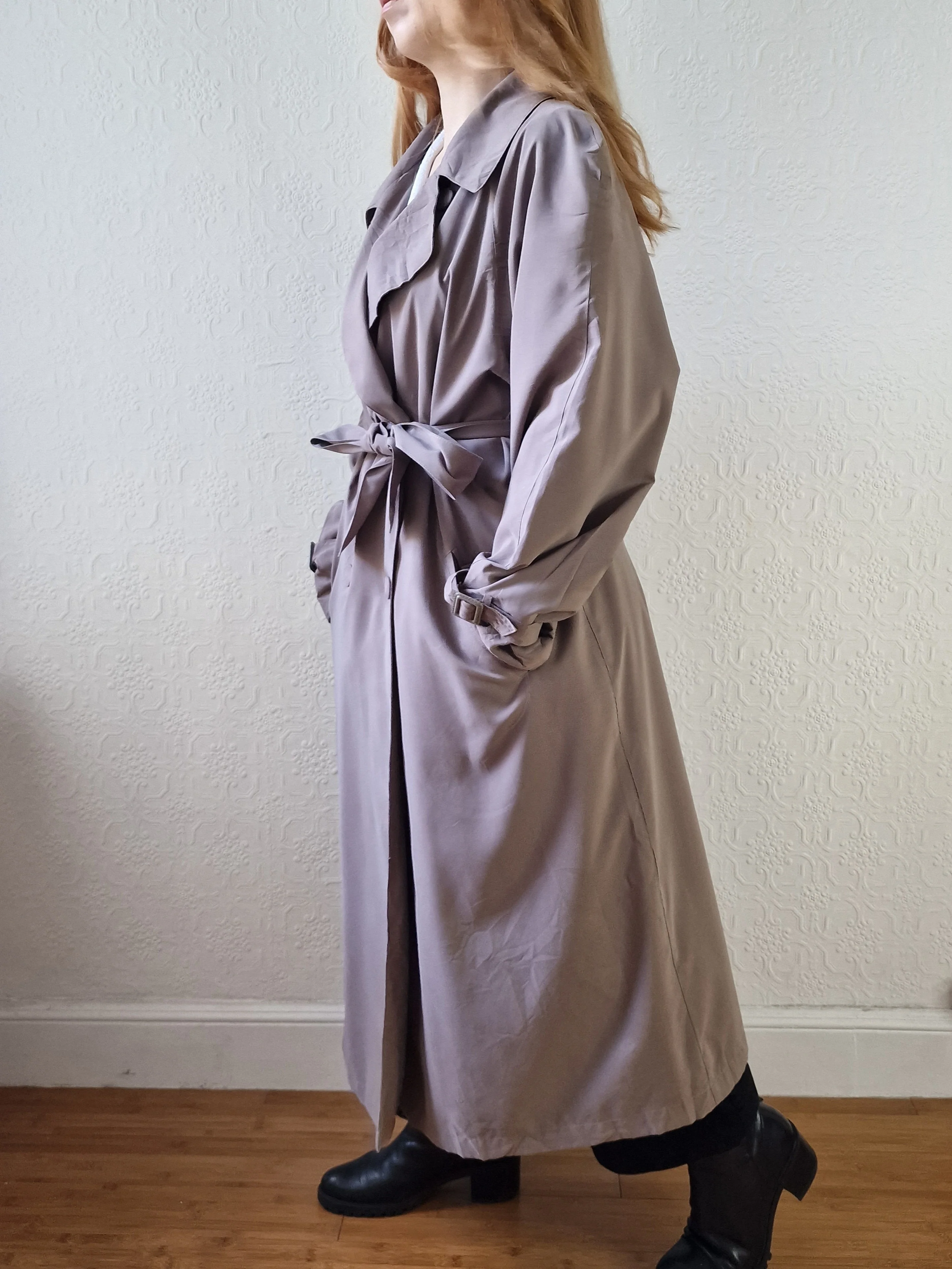 Vintage Dark Taupe Double Breasted Long Trench Coat - L - Image 16