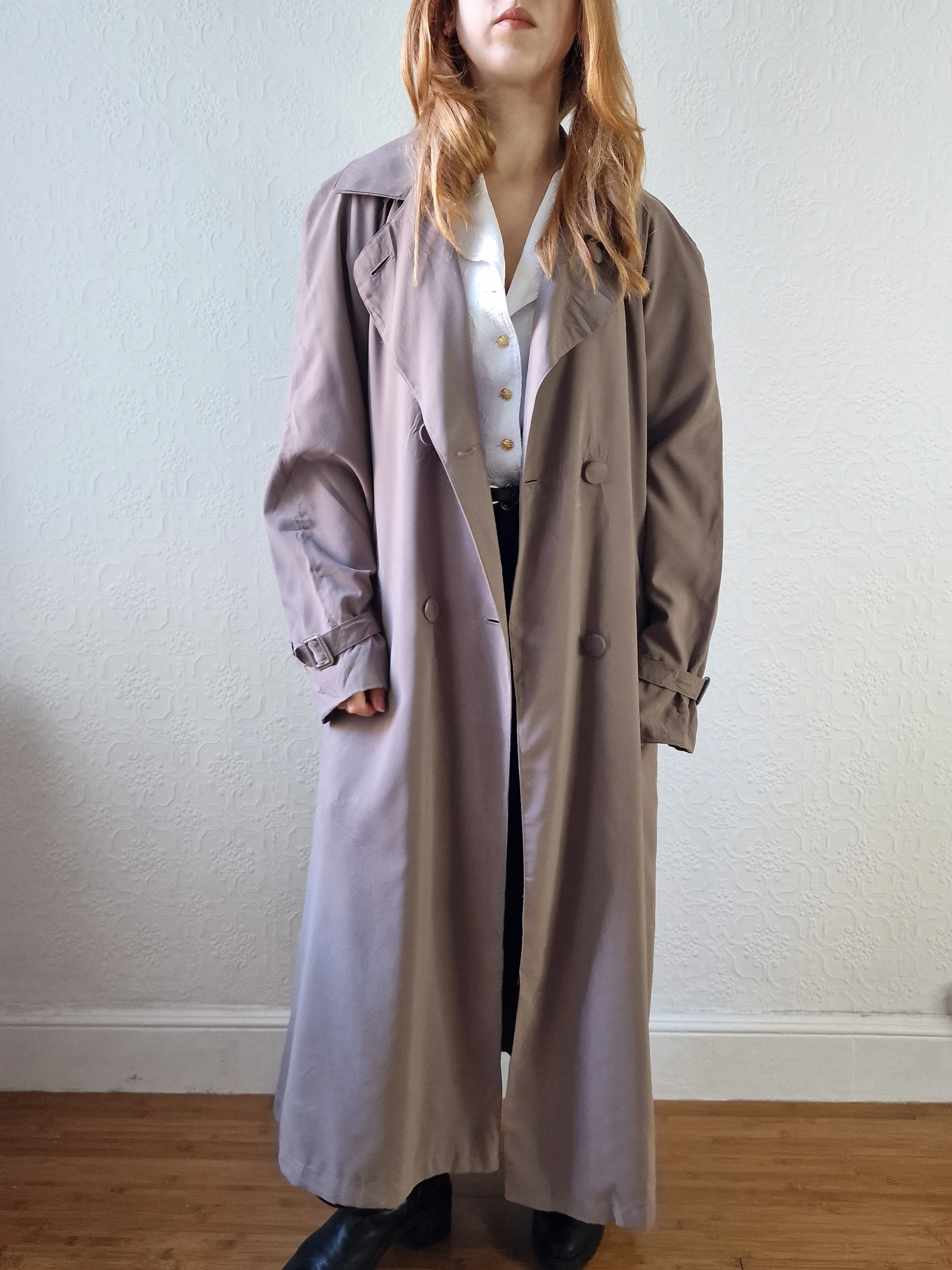 Vintage Dark Taupe Double Breasted Long Trench Coat - L - Image 2