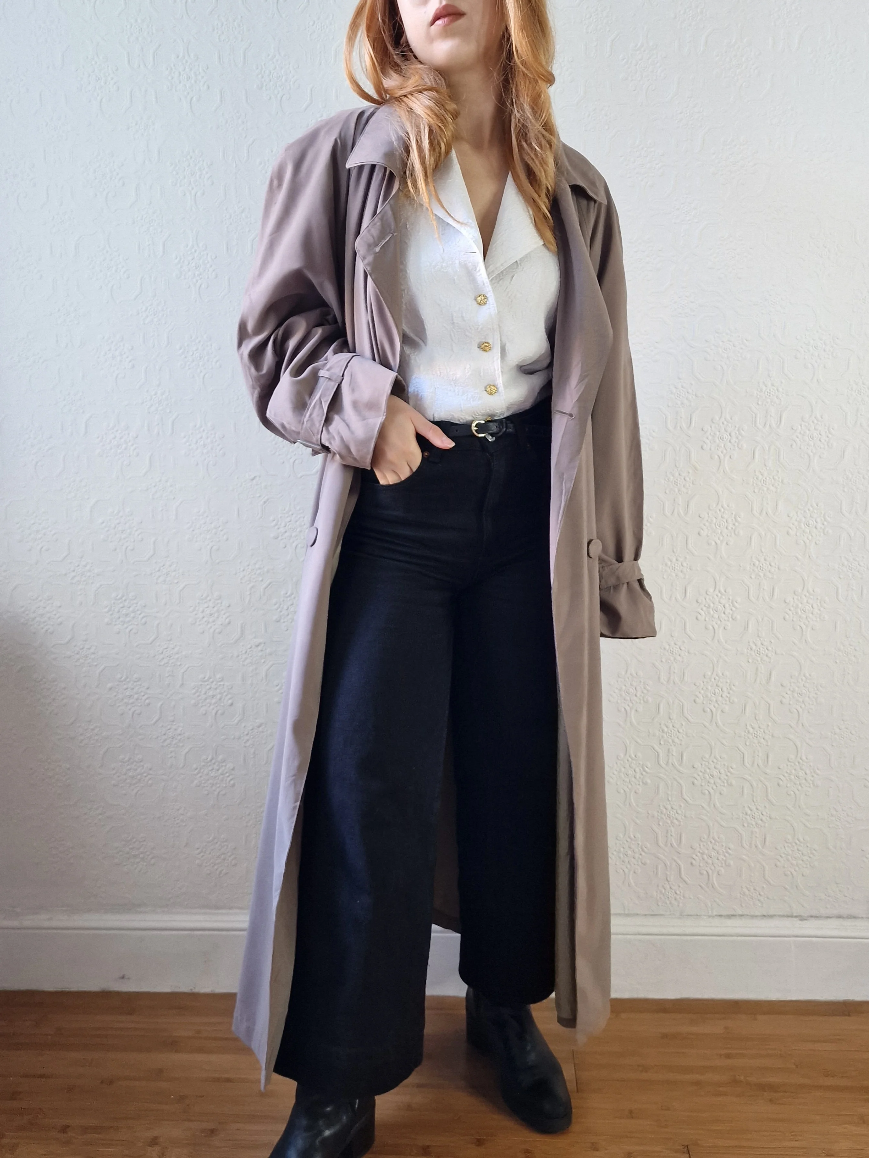 Vintage Dark Taupe Double Breasted Long Trench Coat - L - Image 3