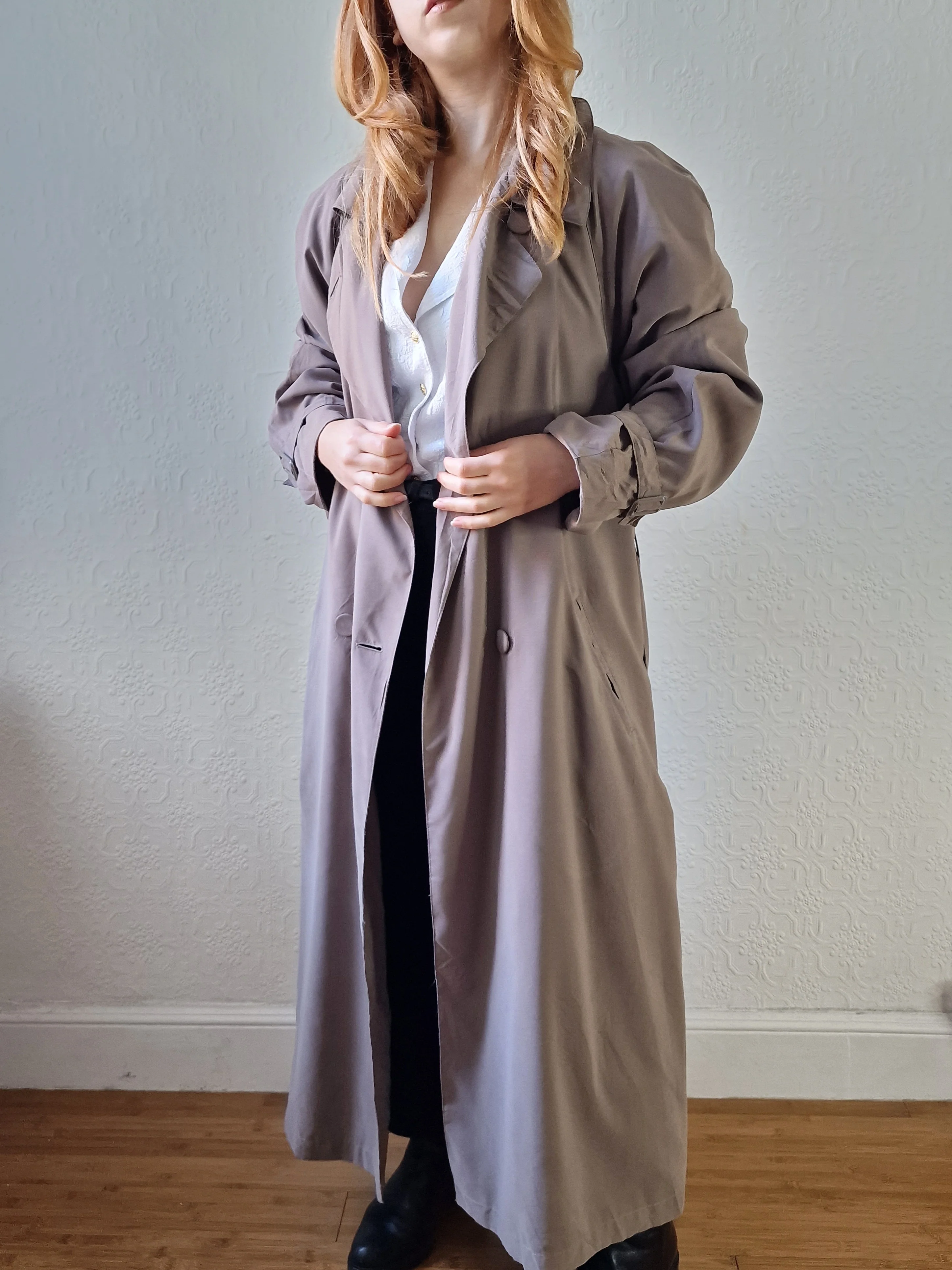 Vintage Dark Taupe Double Breasted Long Trench Coat - L - Image 4
