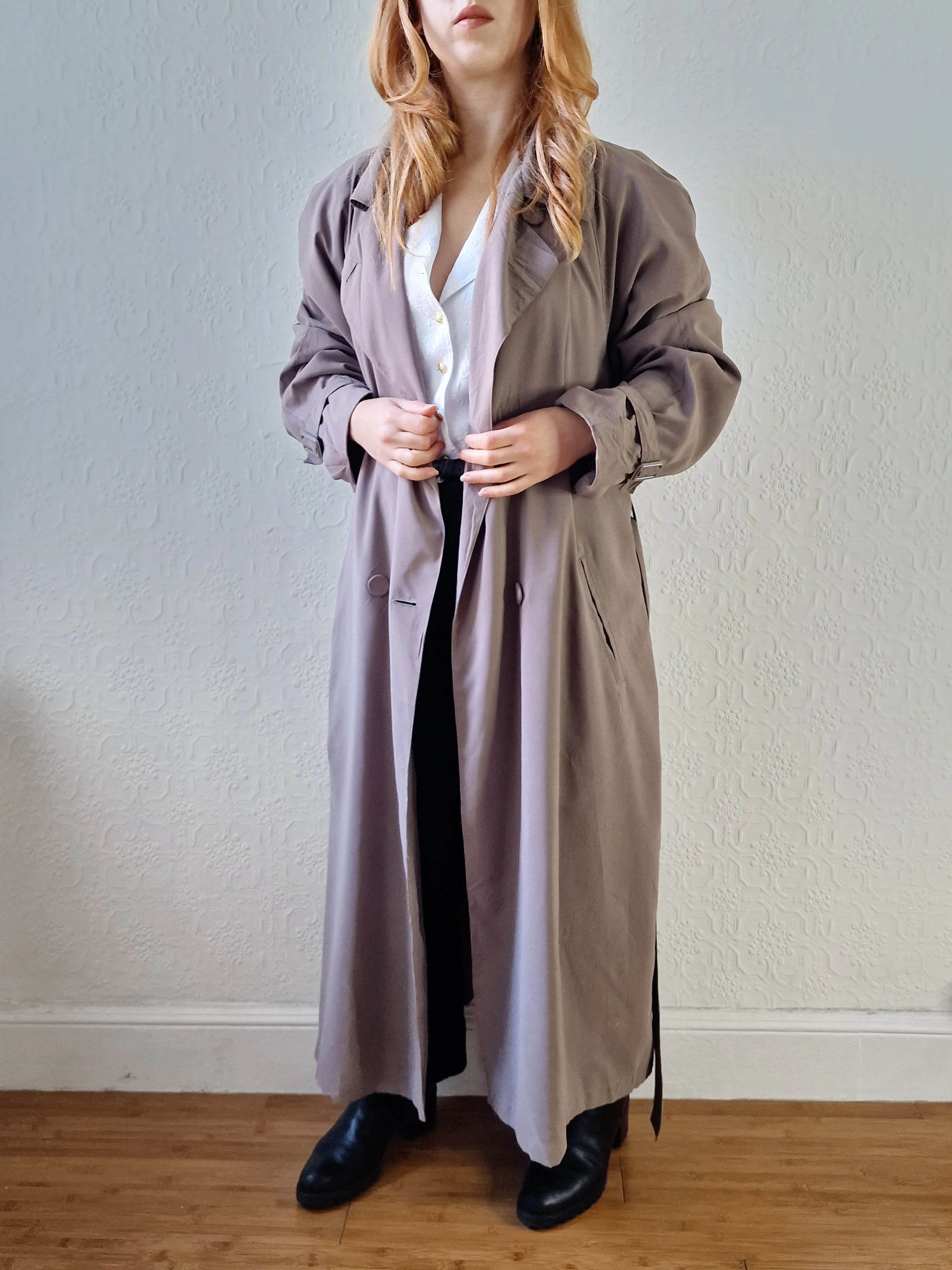 Vintage Dark Taupe Double Breasted Long Trench Coat - L - Image 5