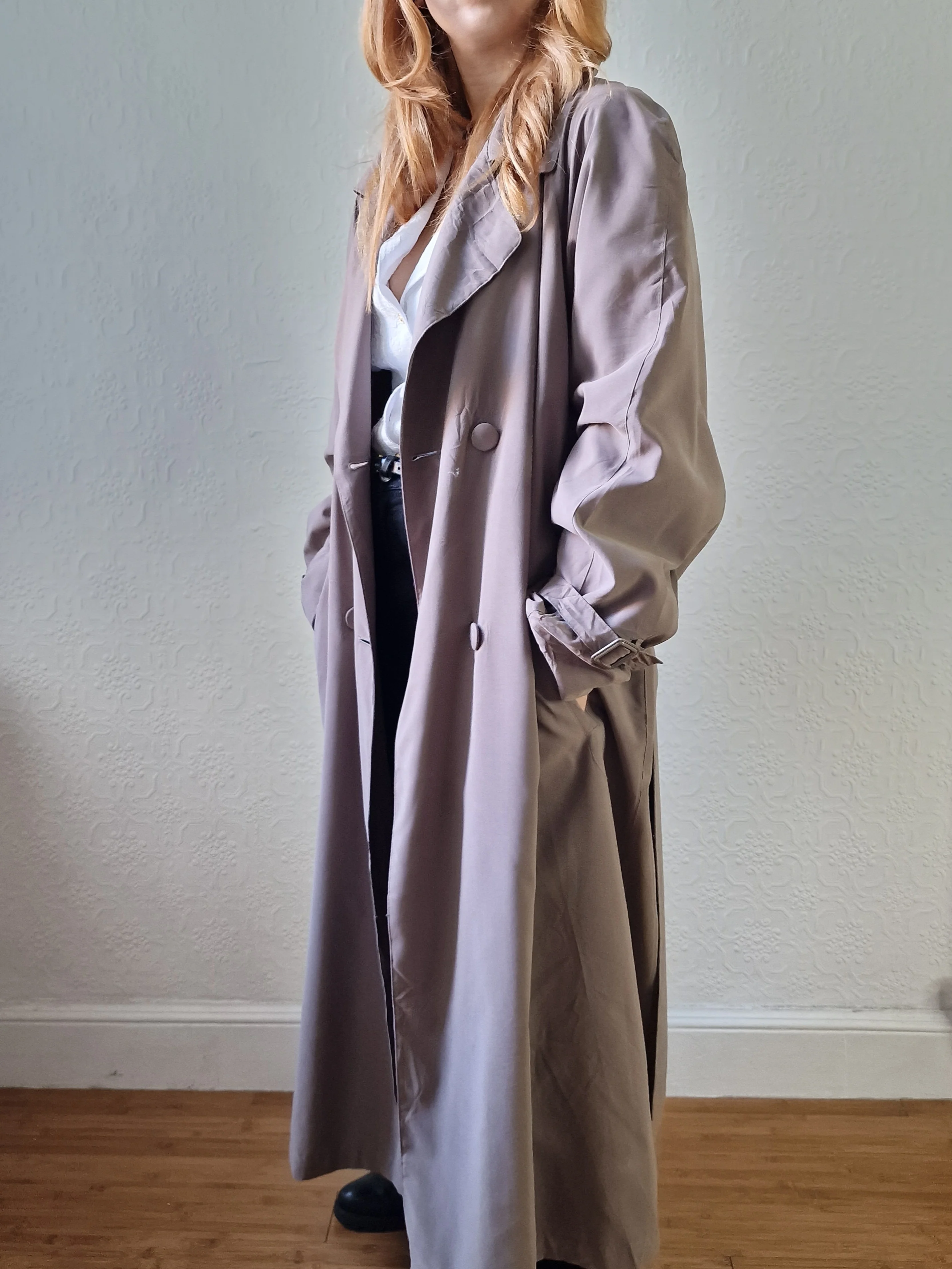 Vintage Dark Taupe Double Breasted Long Trench Coat - L - Image 6