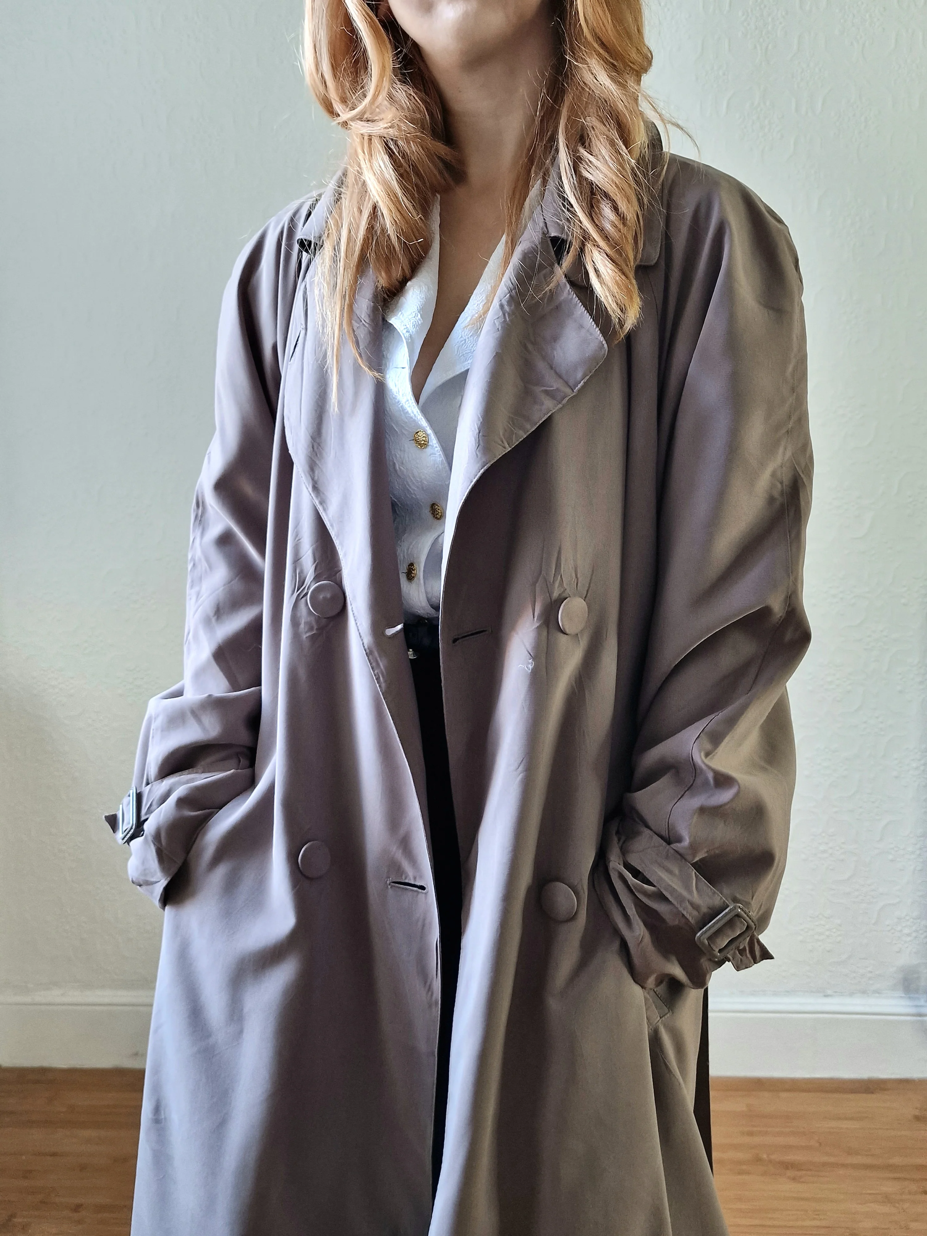 Vintage Dark Taupe Double Breasted Long Trench Coat - L - Image 7