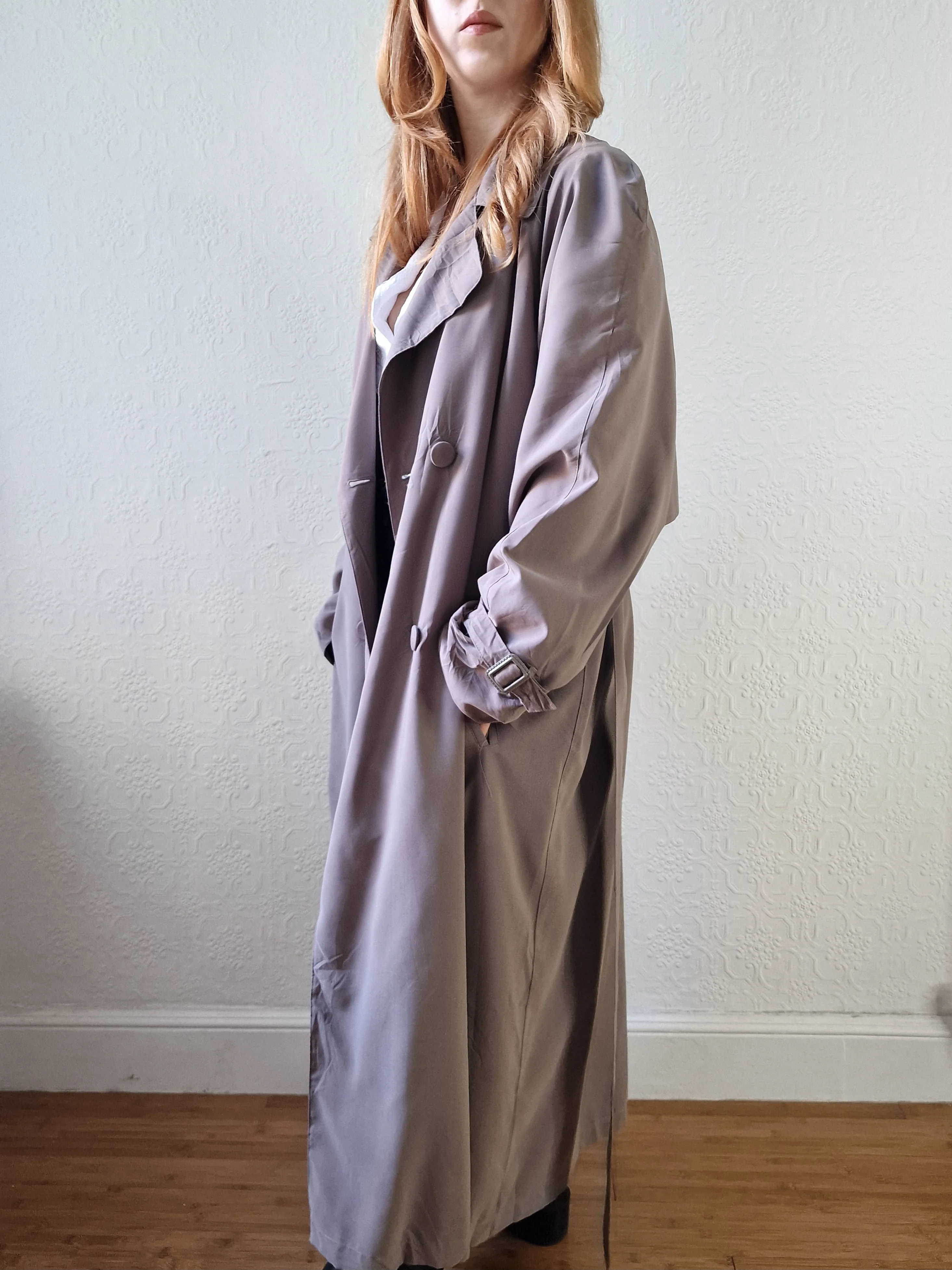 Vintage Dark Taupe Double Breasted Long Trench Coat - L - Image 8