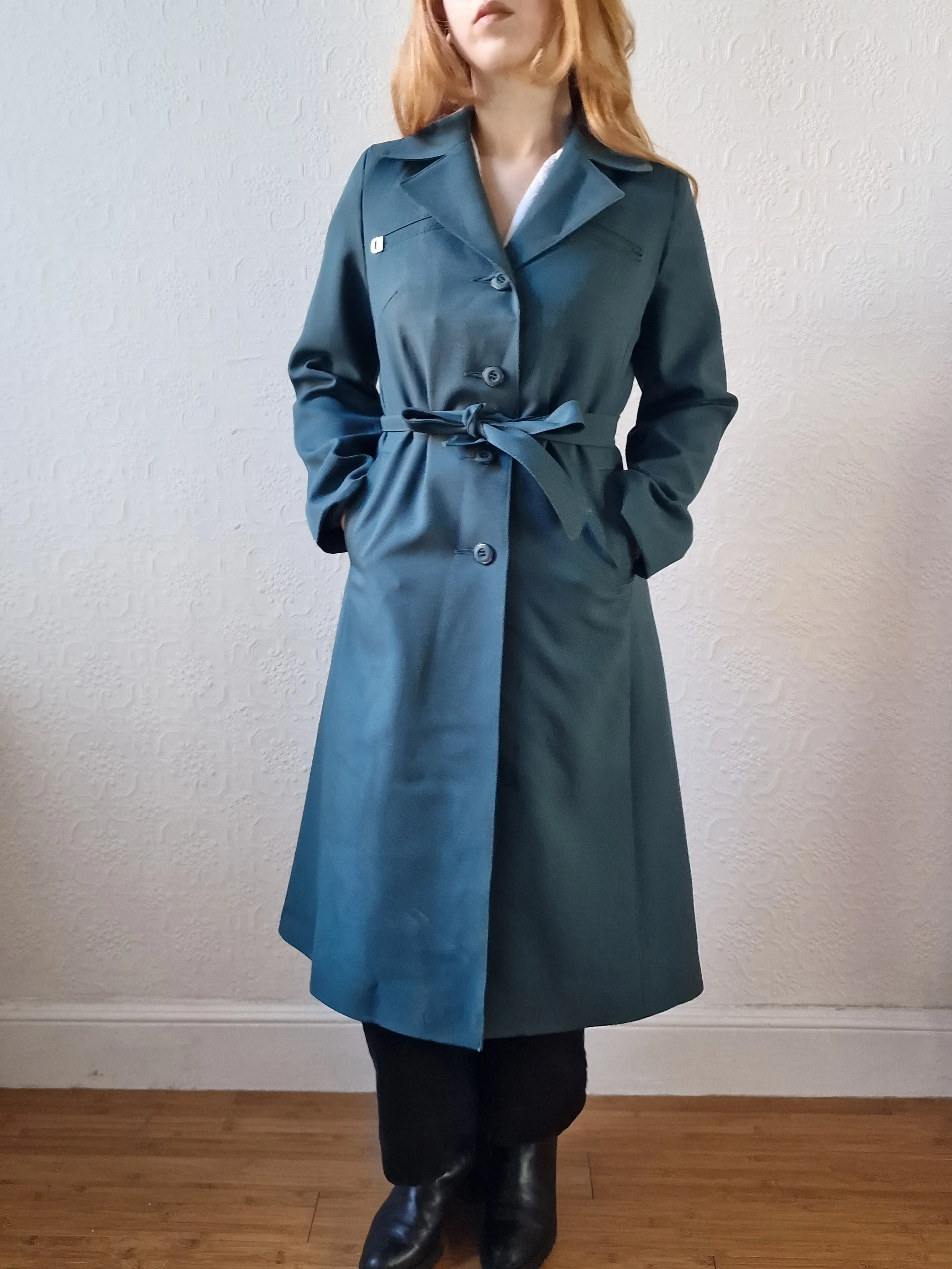 Vintage Dark Teal Green Single Breasted Trench Coat with Belt - S - Image 10