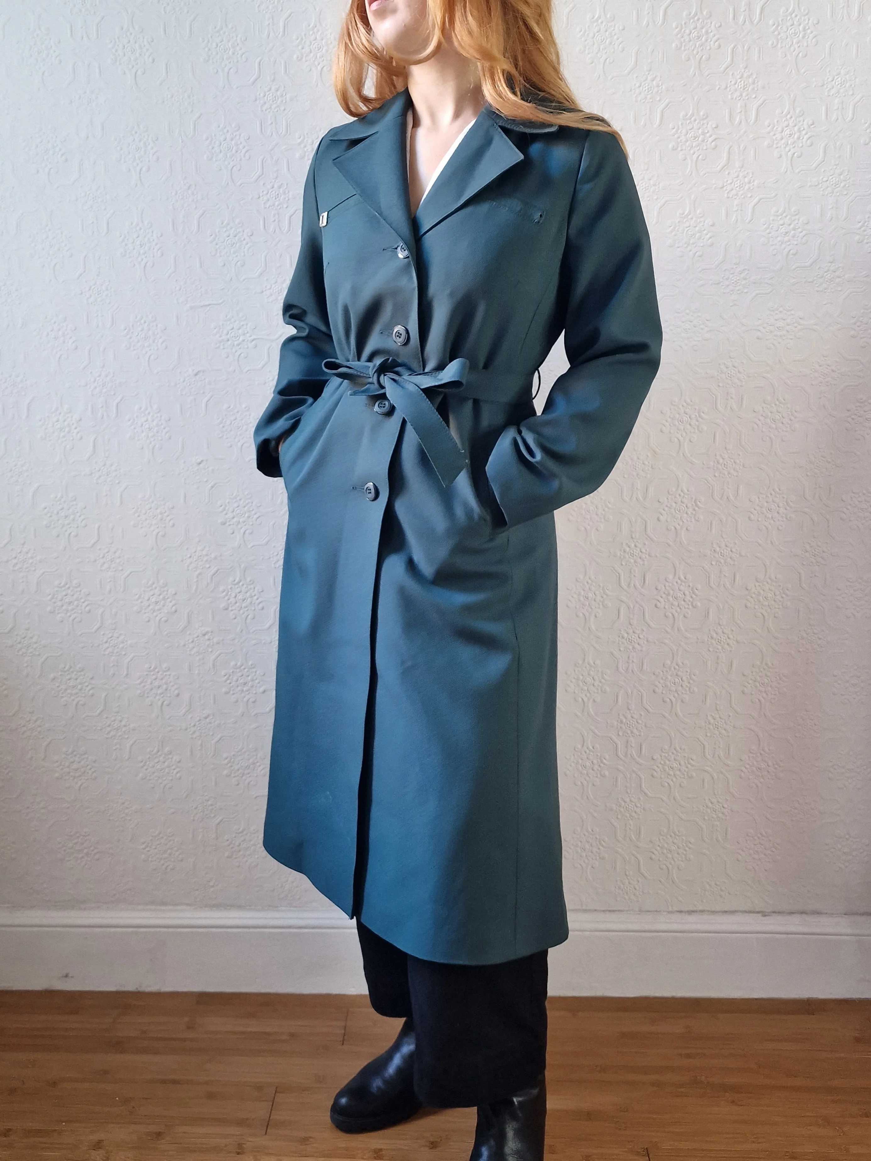Vintage Dark Teal Green Single Breasted Trench Coat with Belt - S - Image 11