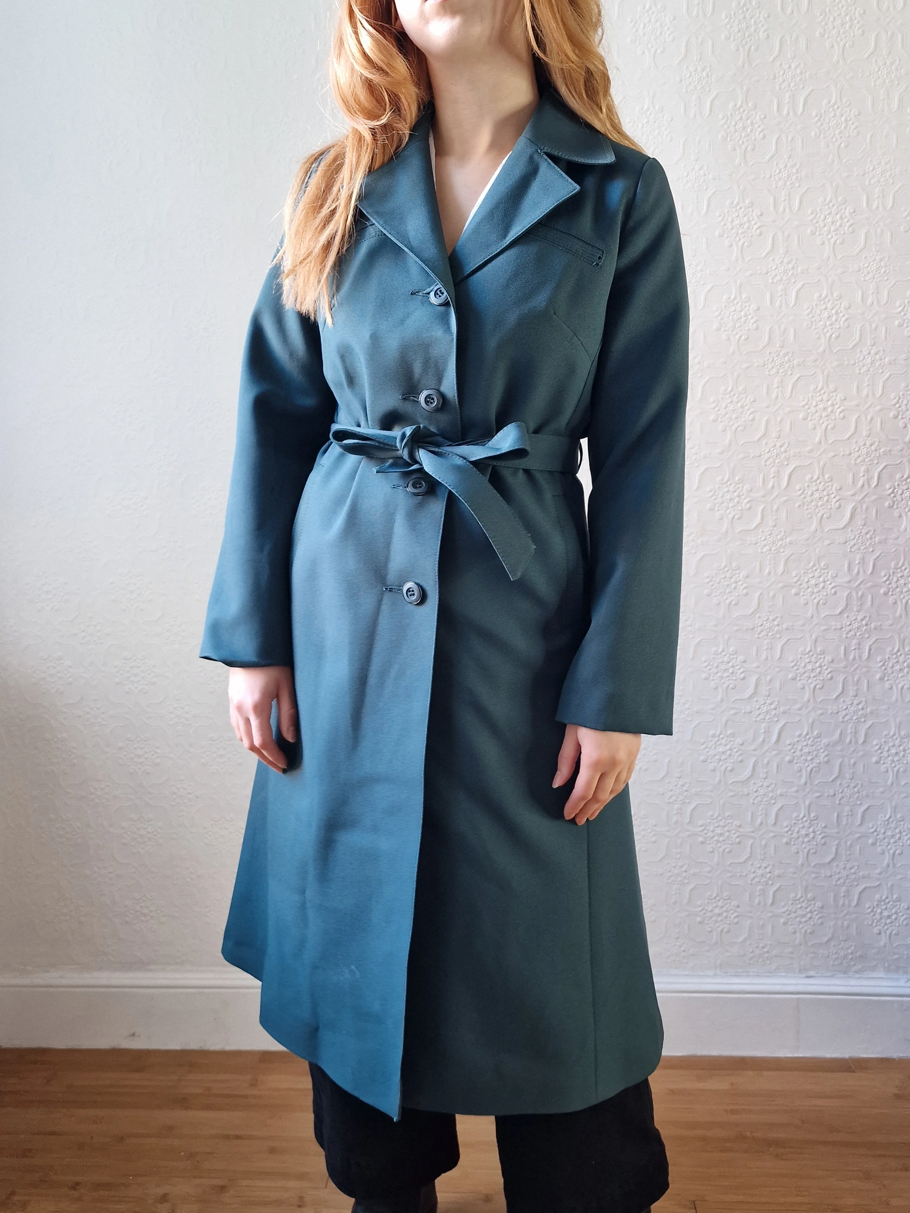 Vintage Dark Teal Green Single Breasted Trench Coat with Belt - S - Image 14