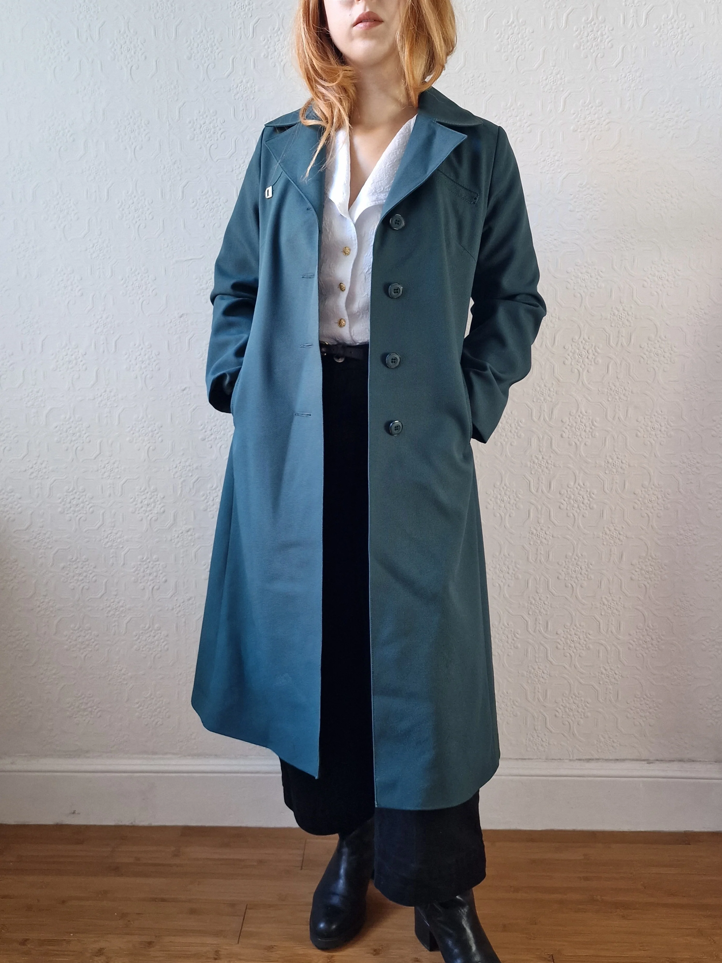Vintage Dark Teal Green Single Breasted Trench Coat with Belt - S - Image 2