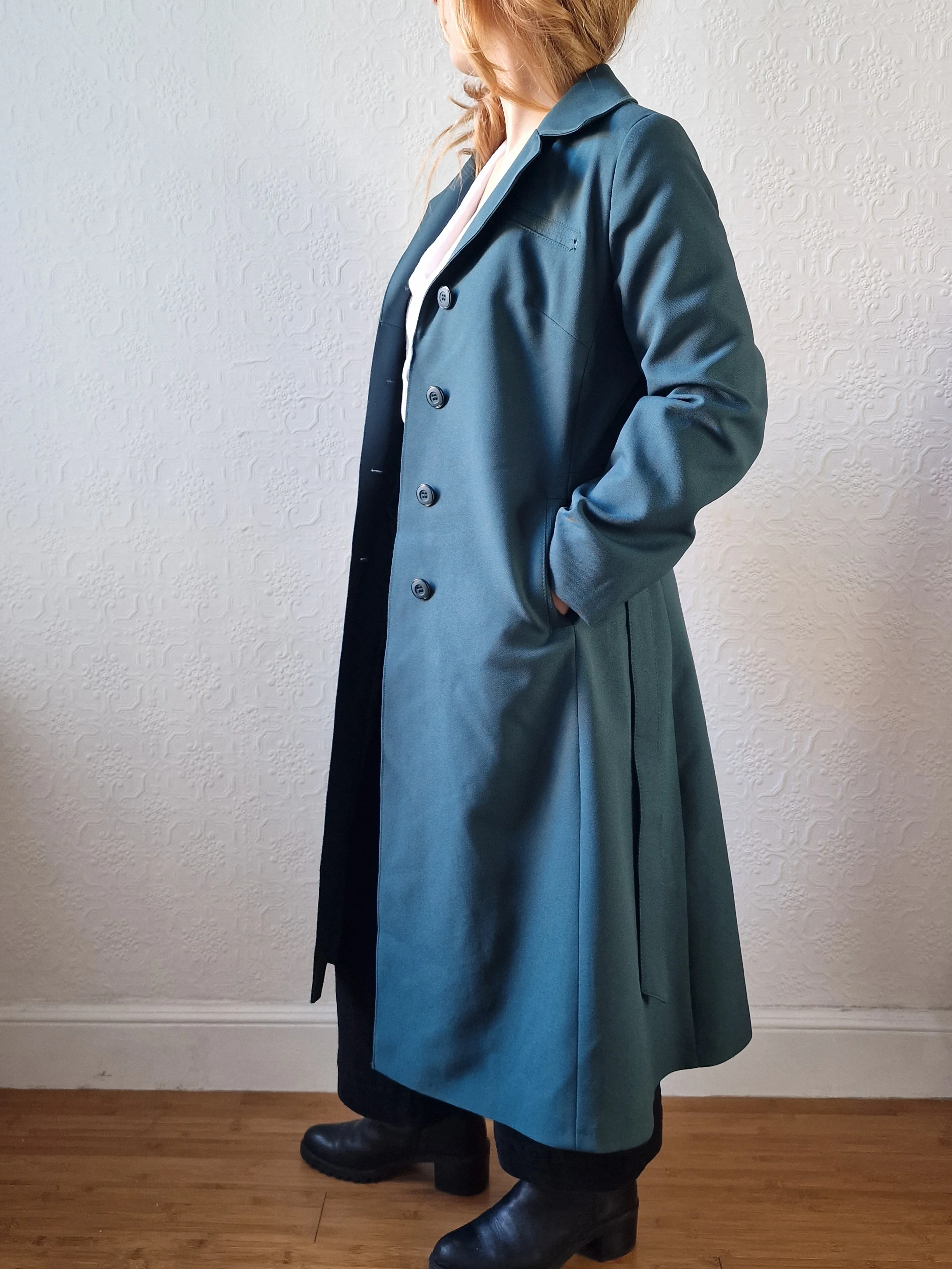 Vintage Dark Teal Green Single Breasted Trench Coat with Belt - S - Image 3