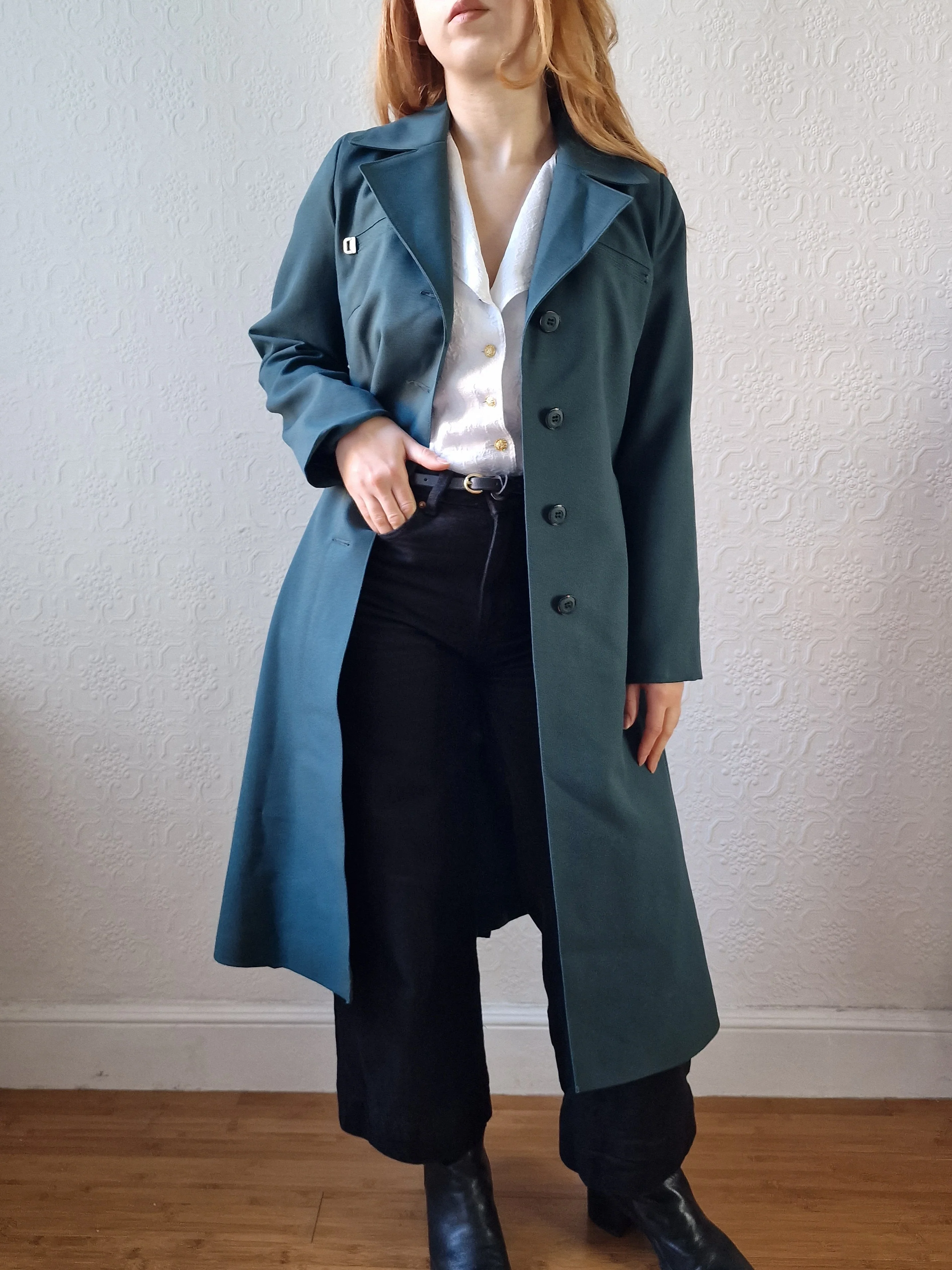Vintage Dark Teal Green Single Breasted Trench Coat with Belt - S - Image 5