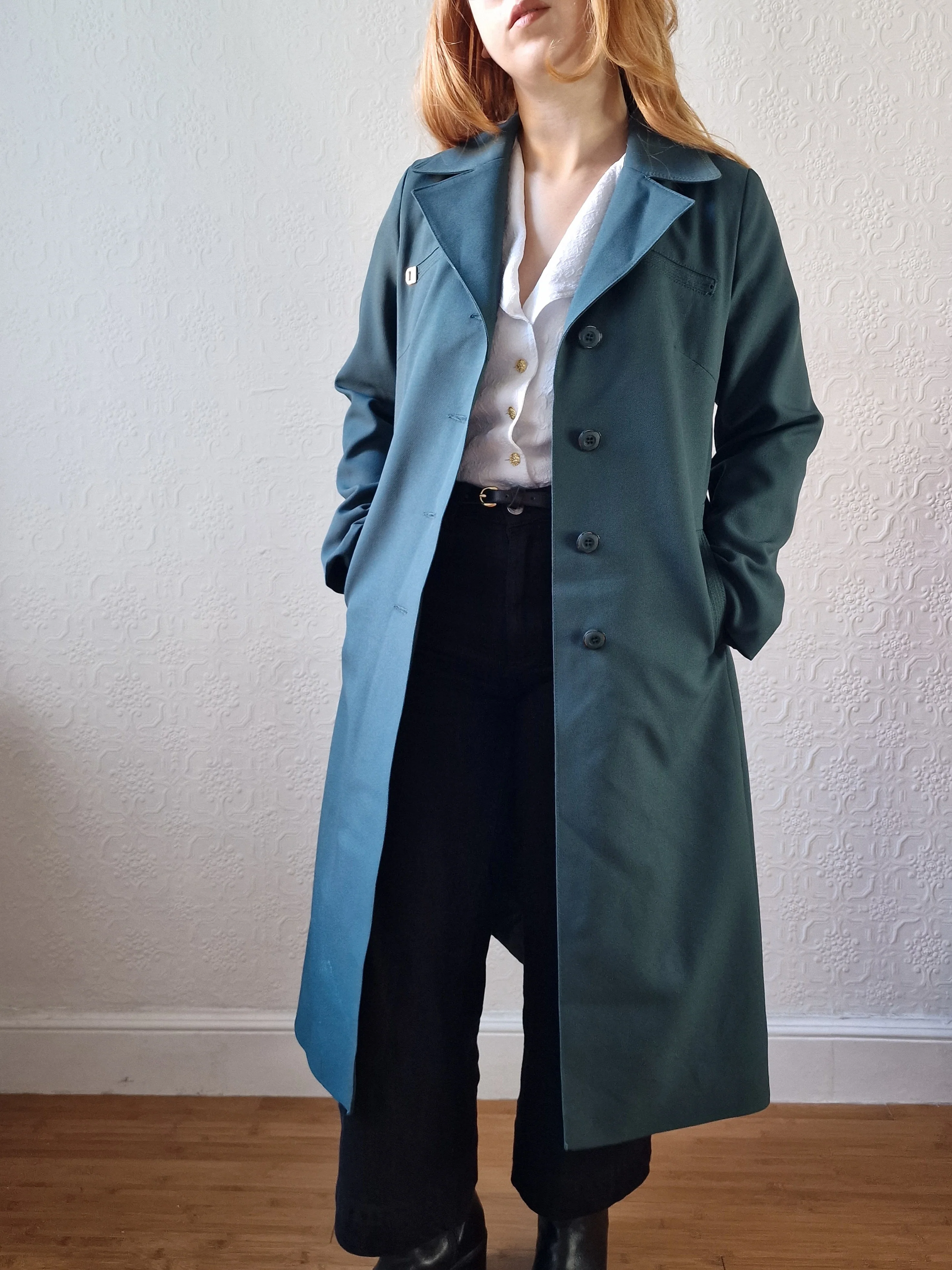 Vintage Dark Teal Green Single Breasted Trench Coat with Belt - S - Image 6
