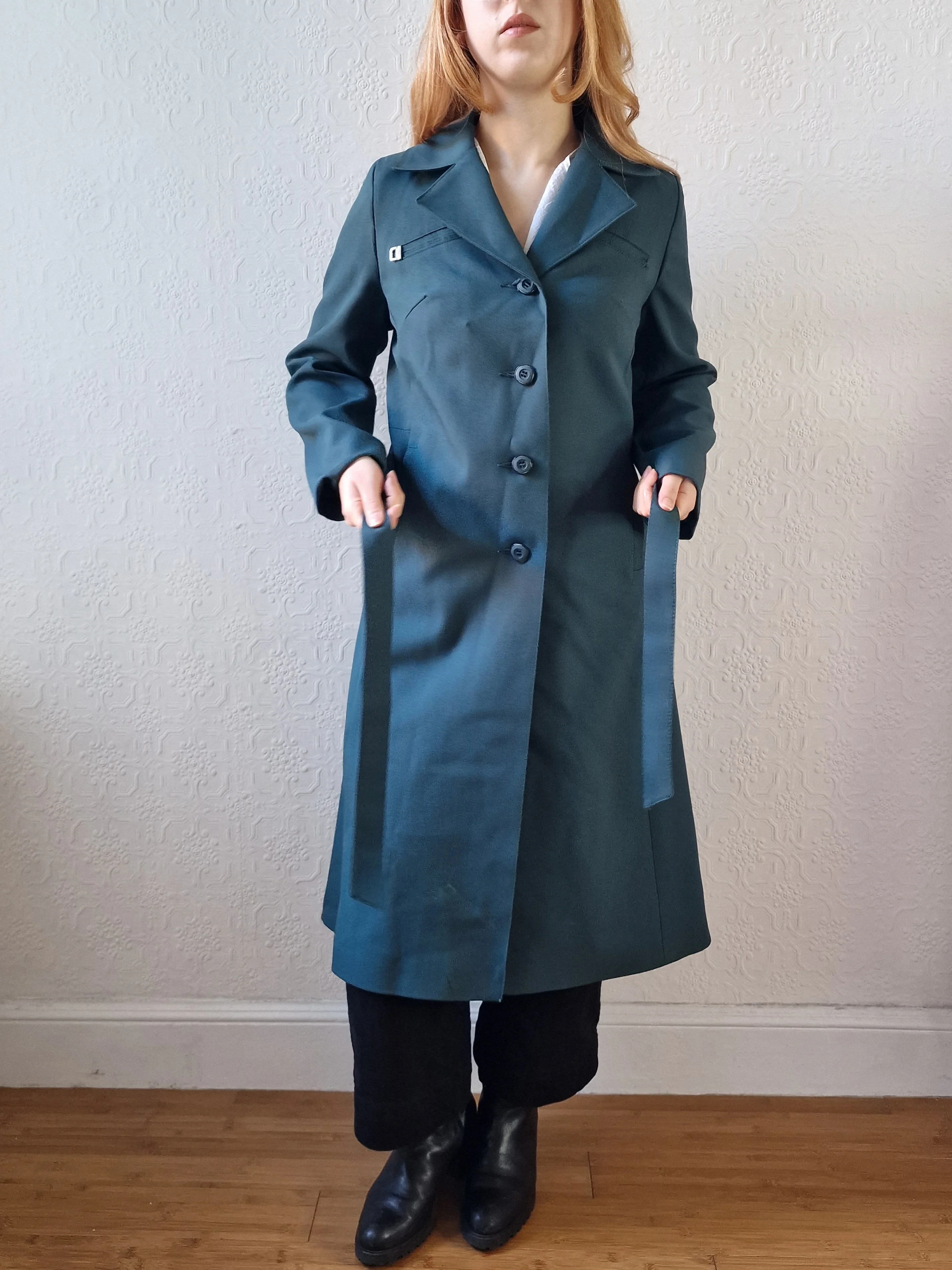 Vintage Dark Teal Green Single Breasted Trench Coat with Belt - S - Image 8