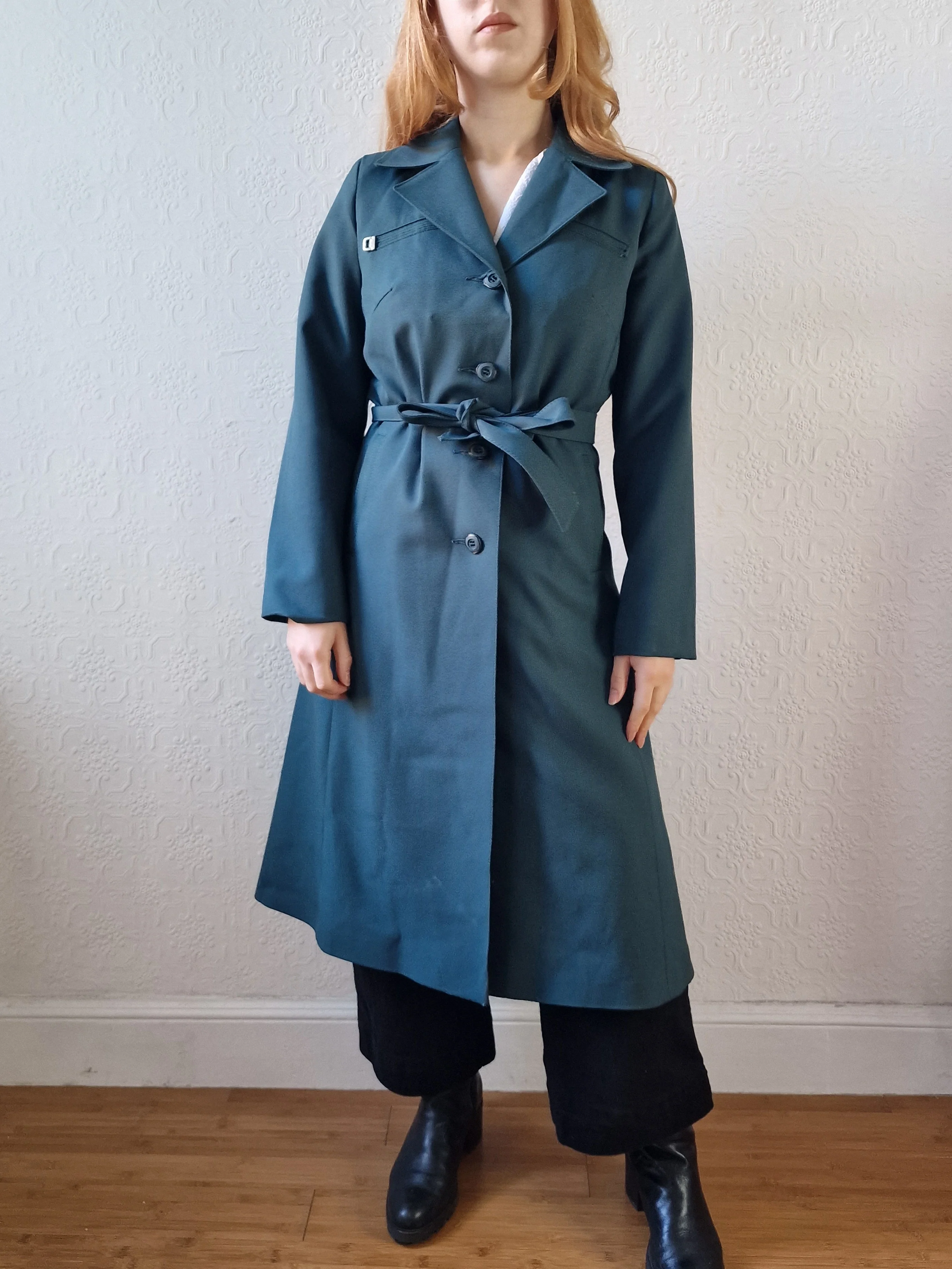 Vintage Dark Teal Green Single Breasted Trench Coat with Belt - S - Image 9