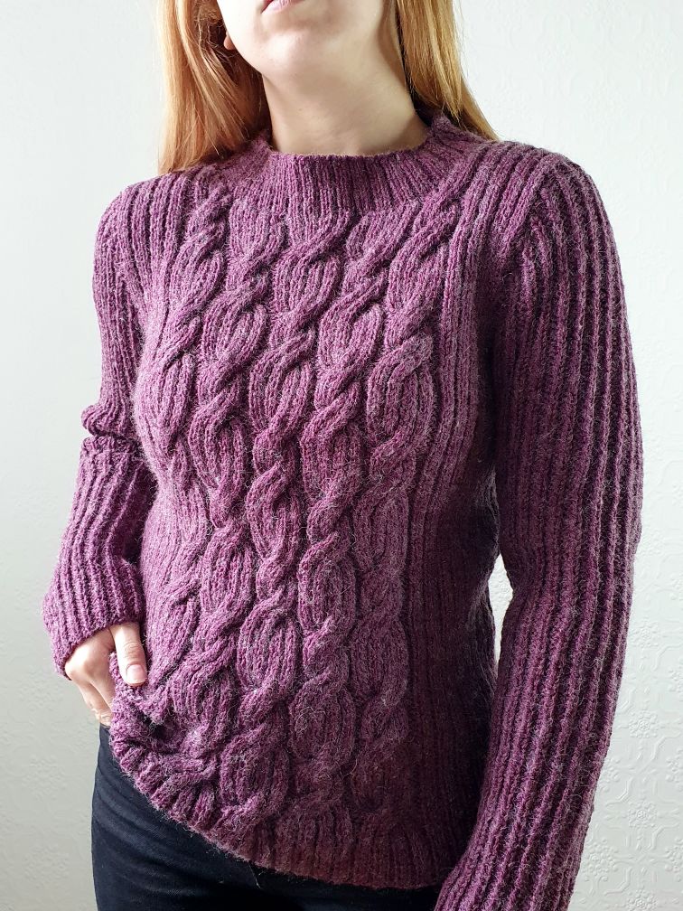 Vintage Deep Purple Crew Neck Cable Knit Thick Aran Style Jumper - S/M