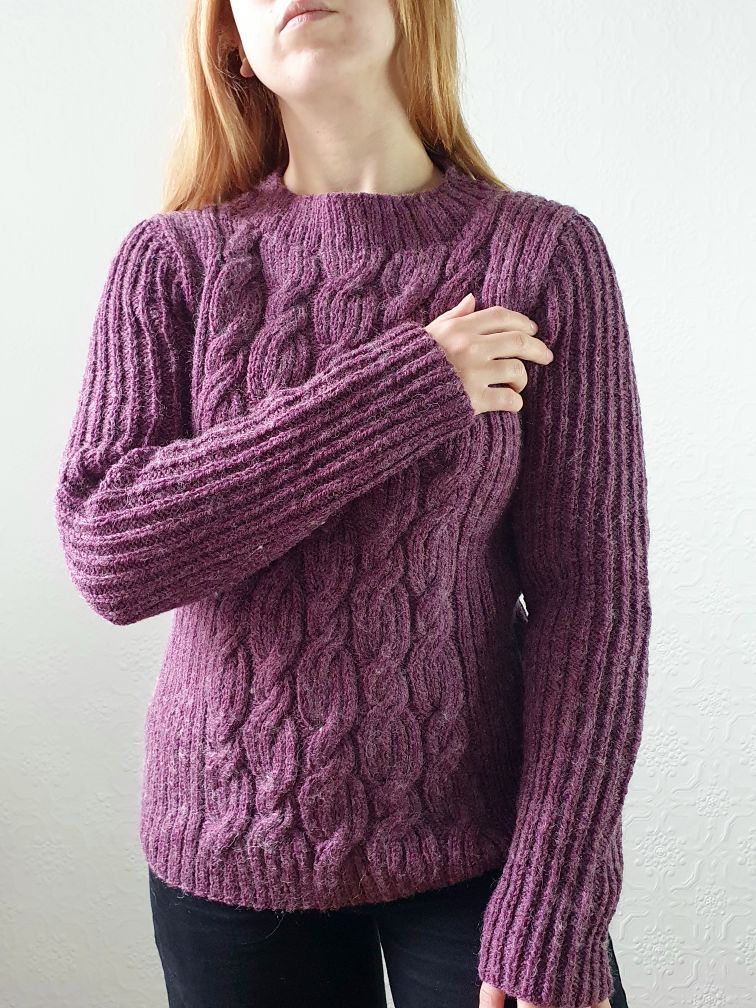 Vintage Deep Purple Crew Neck Cable Knit Thick Aran Style Jumper - S/M - Image 2