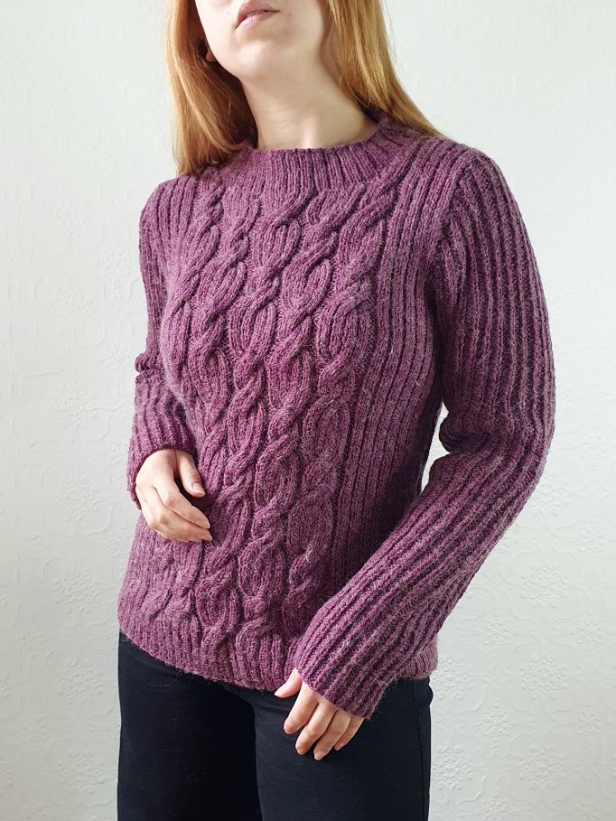 Vintage Deep Purple Crew Neck Cable Knit Thick Aran Style Jumper - S/M - Image 3