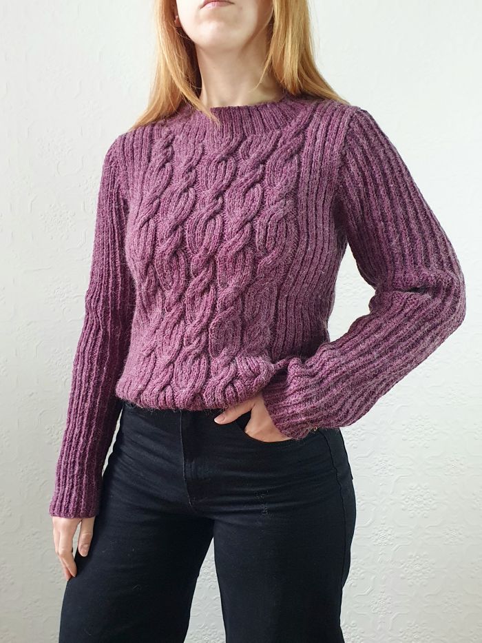 Vintage Deep Purple Crew Neck Cable Knit Thick Aran Style Jumper - S/M - Image 4