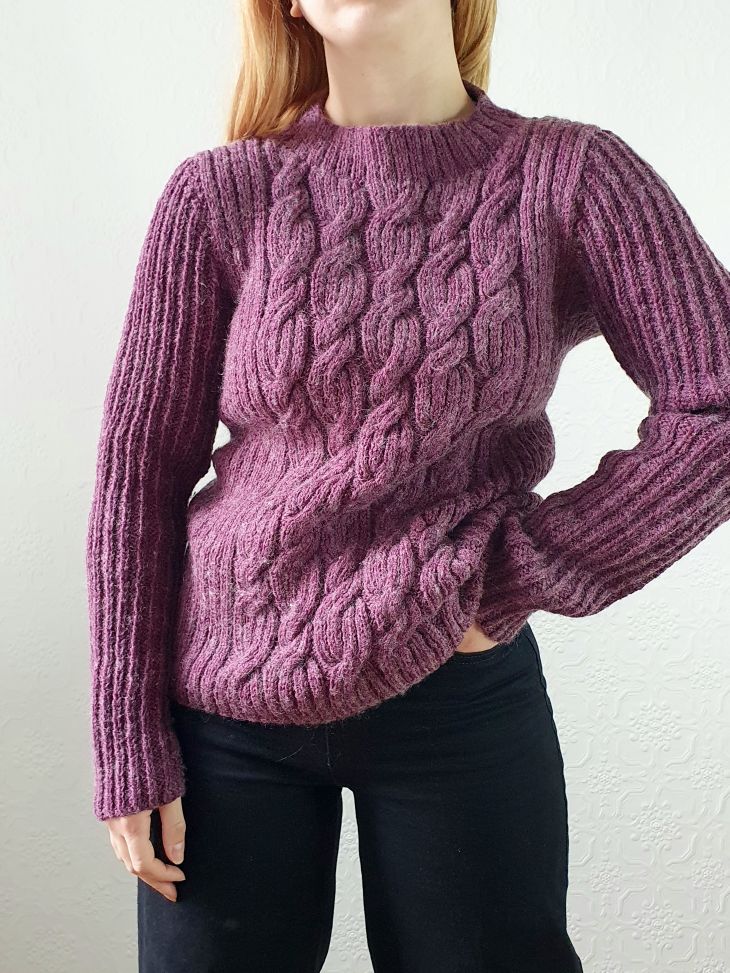Vintage Deep Purple Crew Neck Cable Knit Thick Aran Style Jumper - S/M - Image 6