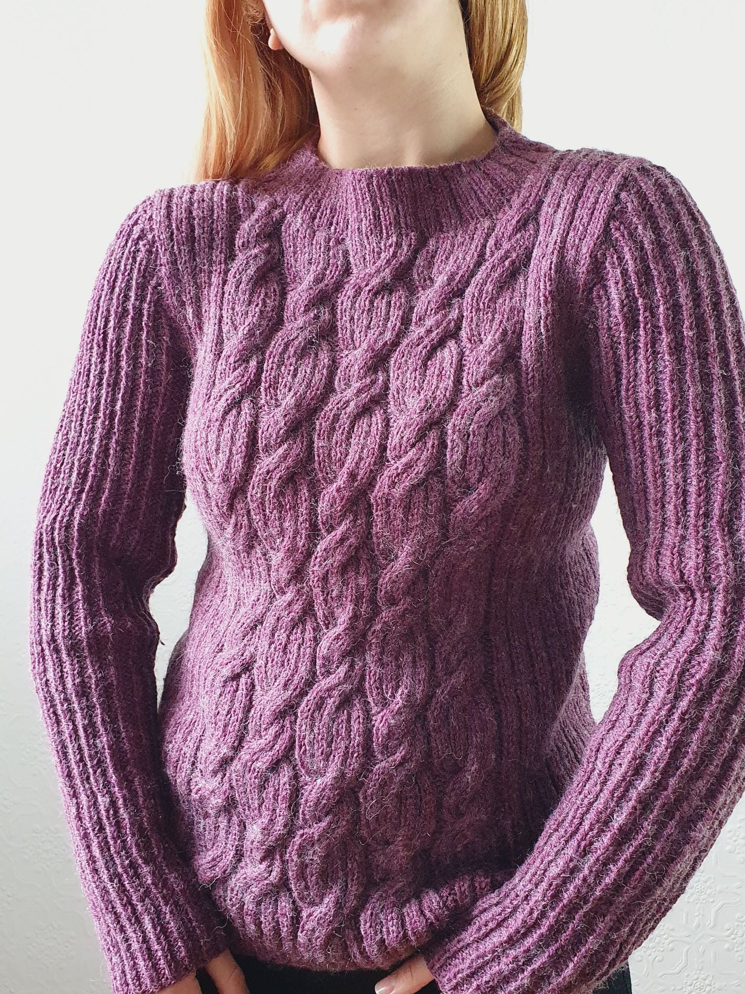 Vintage Deep Purple Crew Neck Cable Knit Thick Aran Style Jumper - S/M - Image 7