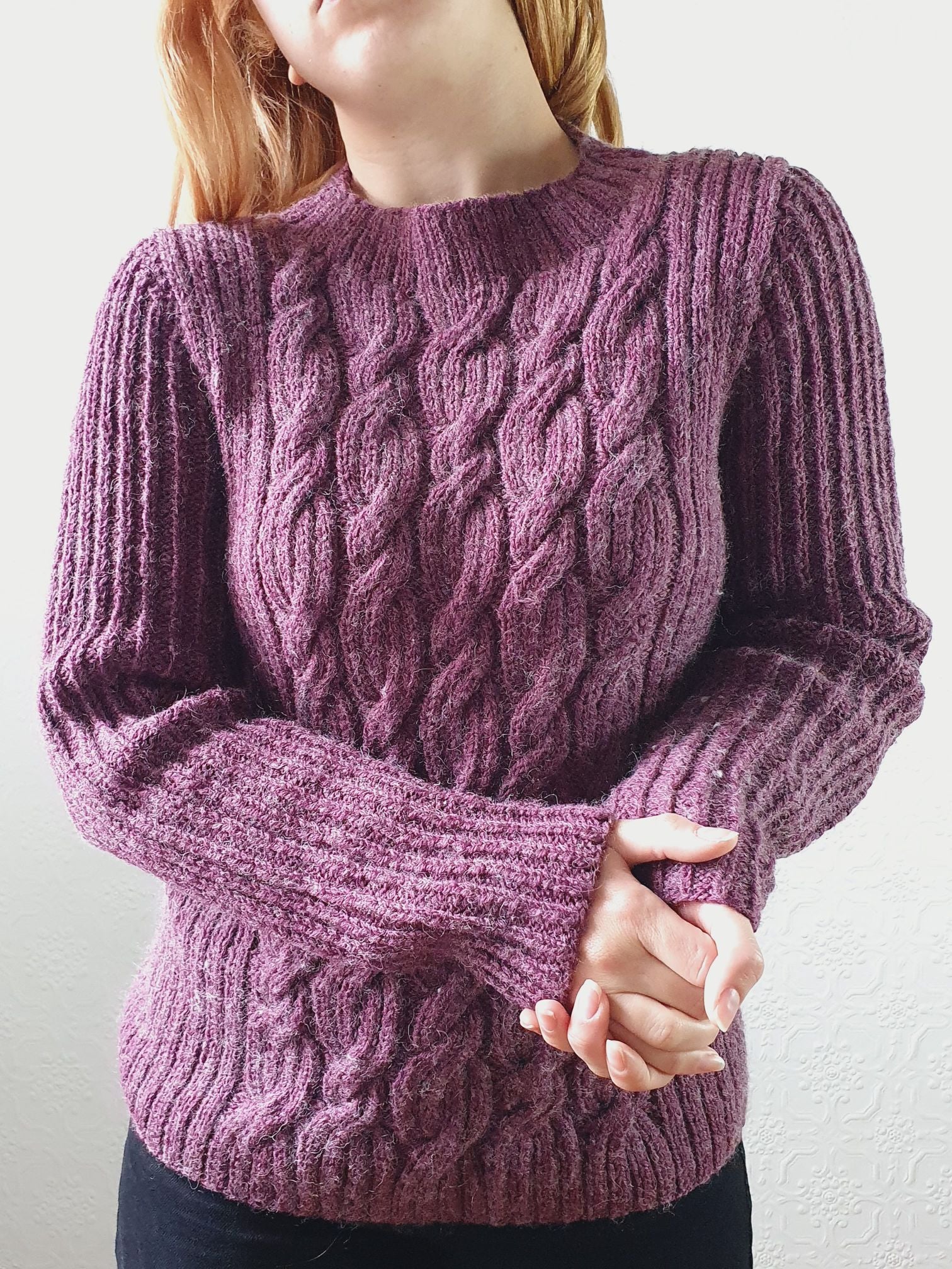 Vintage Deep Purple Crew Neck Cable Knit Thick Aran Style Jumper - S/M - Image 8