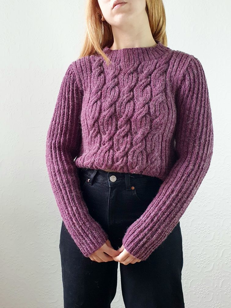 Vintage Deep Purple Crew Neck Cable Knit Thick Aran Style Jumper - S/M - Image 9